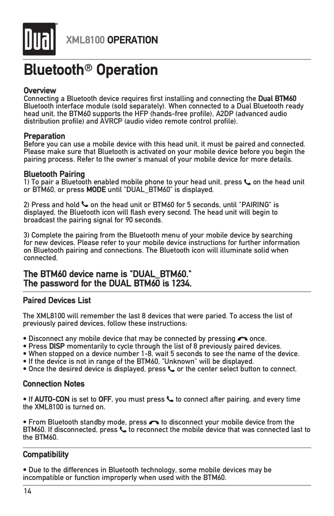 Dual XML8100 owner manual Bluetooth Operation, Overview 