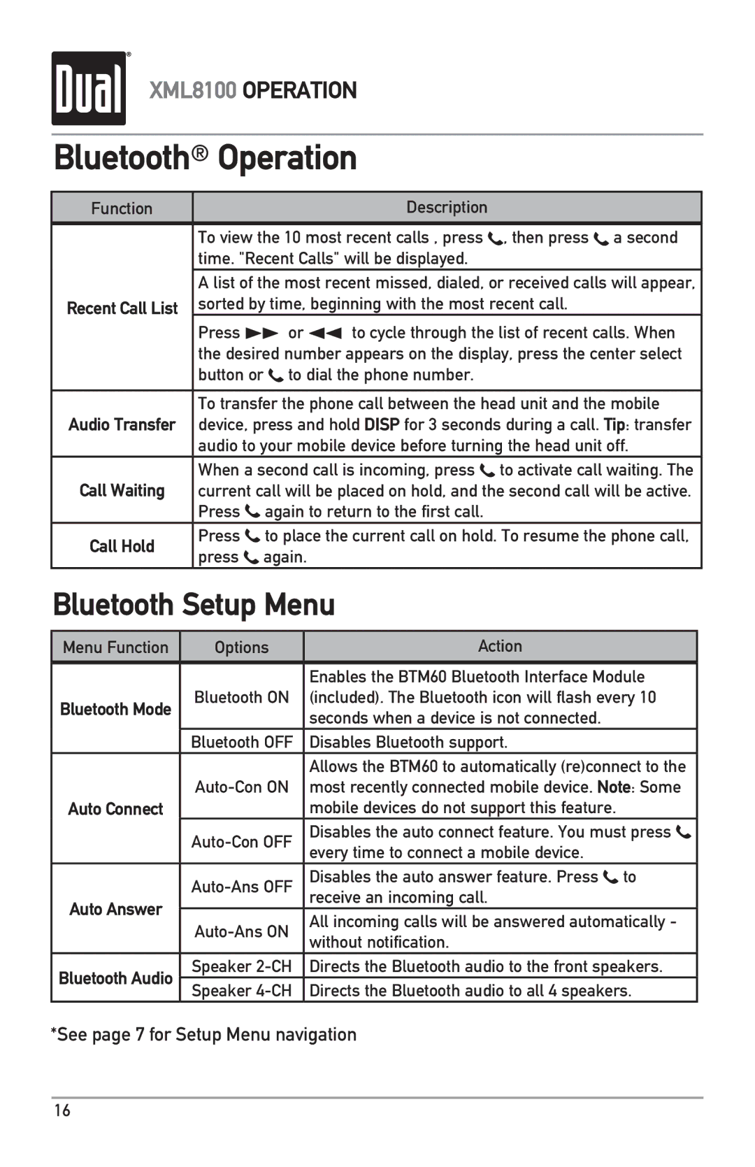 Dual XML8100 owner manual Call Hold 