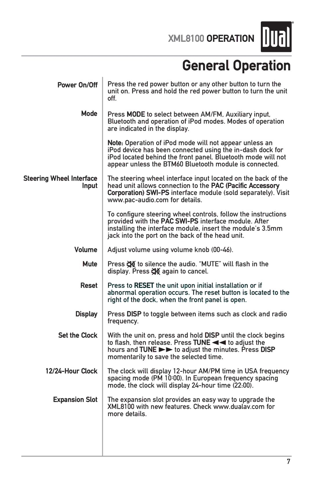 Dual XML8100 owner manual General Operation, Power On/Off Mode 