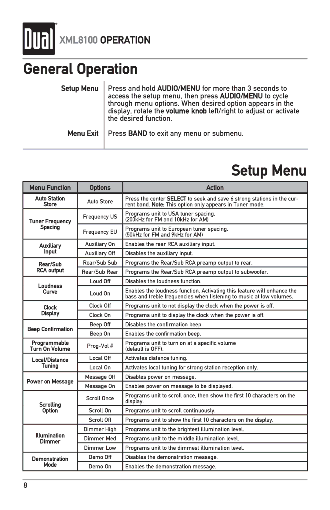 Dual XML8100 owner manual Setup Menu Menu Exit 