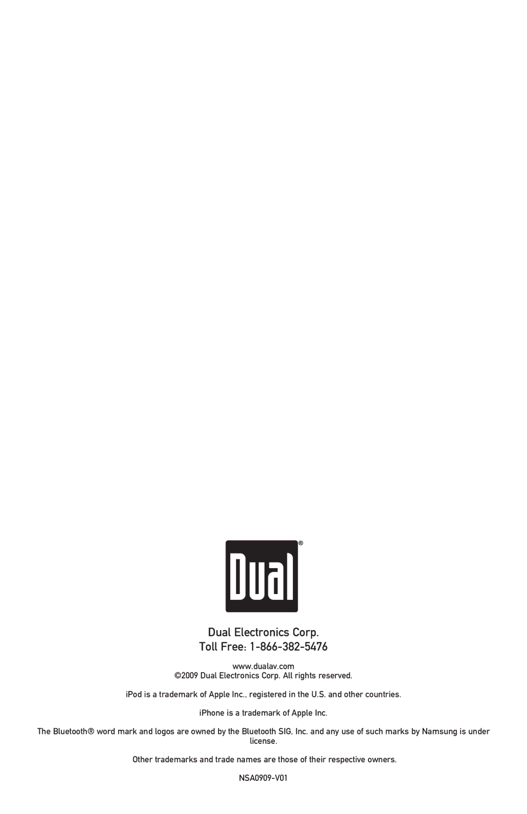 Dual XML8110 owner manual Dual Electronics Corp Toll Free 