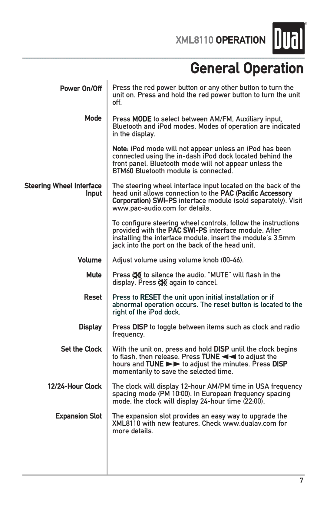 Dual XML8110 owner manual General Operation, Power On/Off Mode 