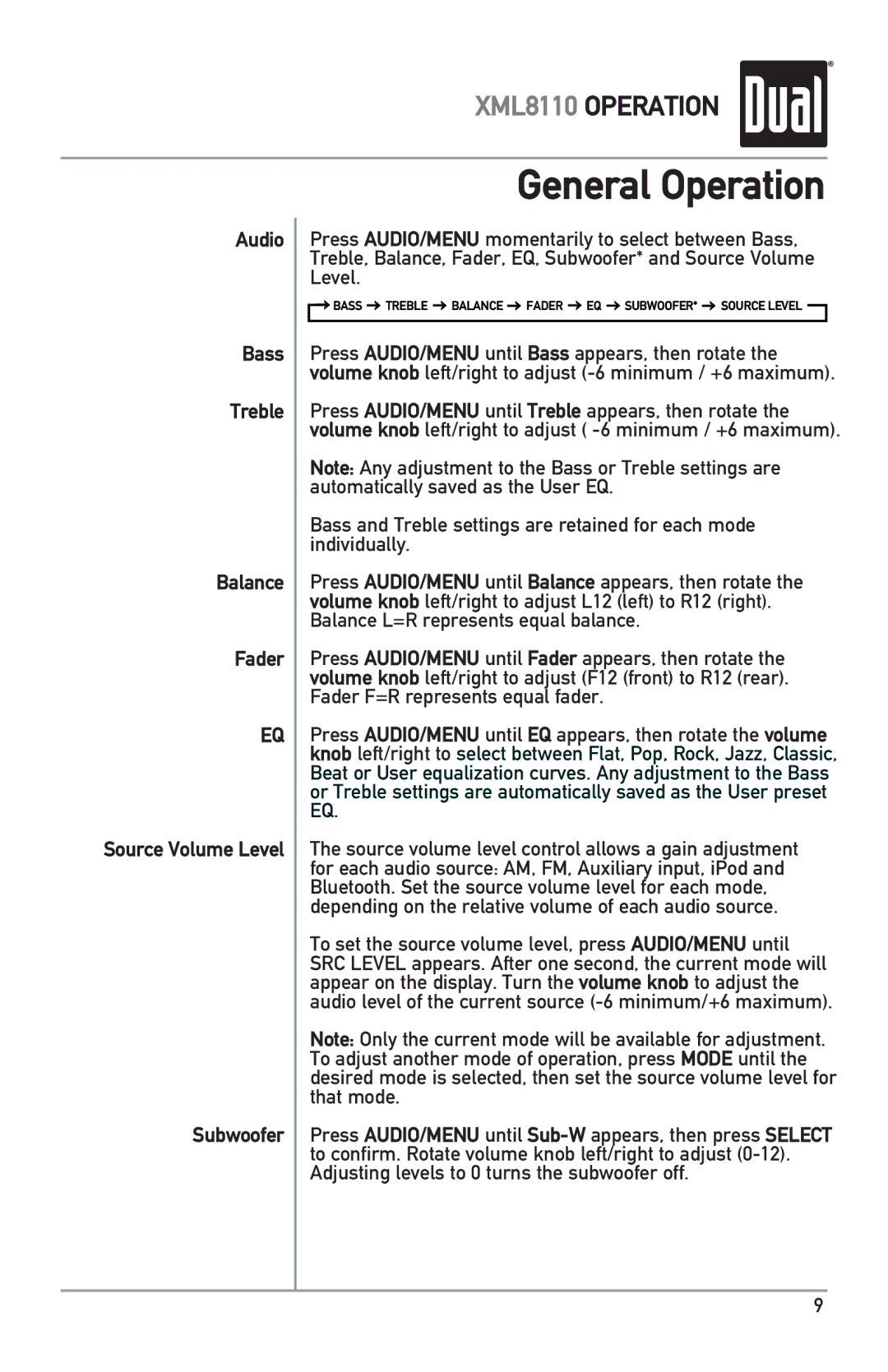 Dual XML8110 owner manual Bass Treble Balance Fader EQ SUBWOOFER* Source Level 