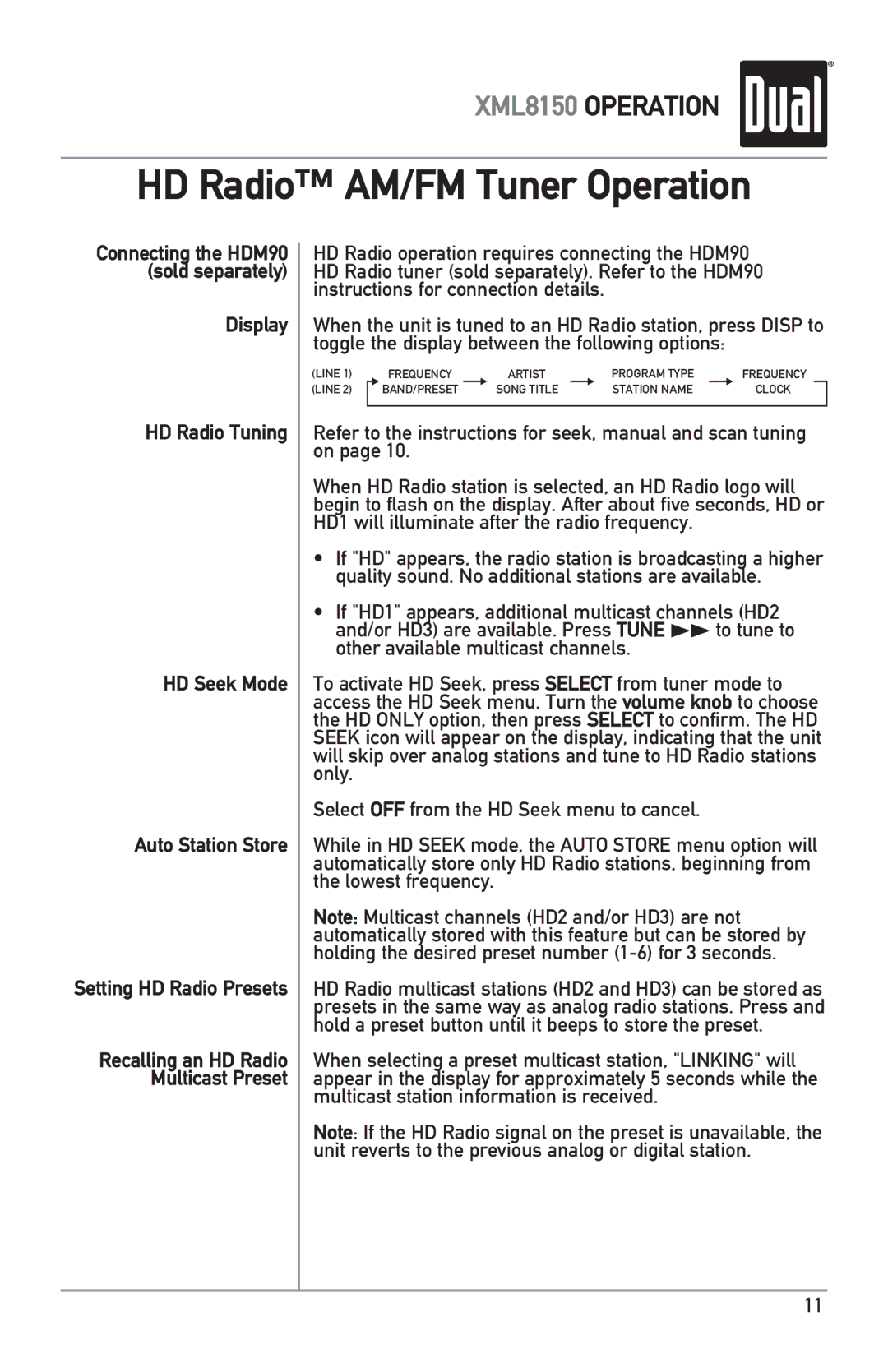 Dual XML8150 owner manual HD Radio AM/FM Tuner Operation, Display HD Radio Tuning HD Seek Mode Auto Station Store 