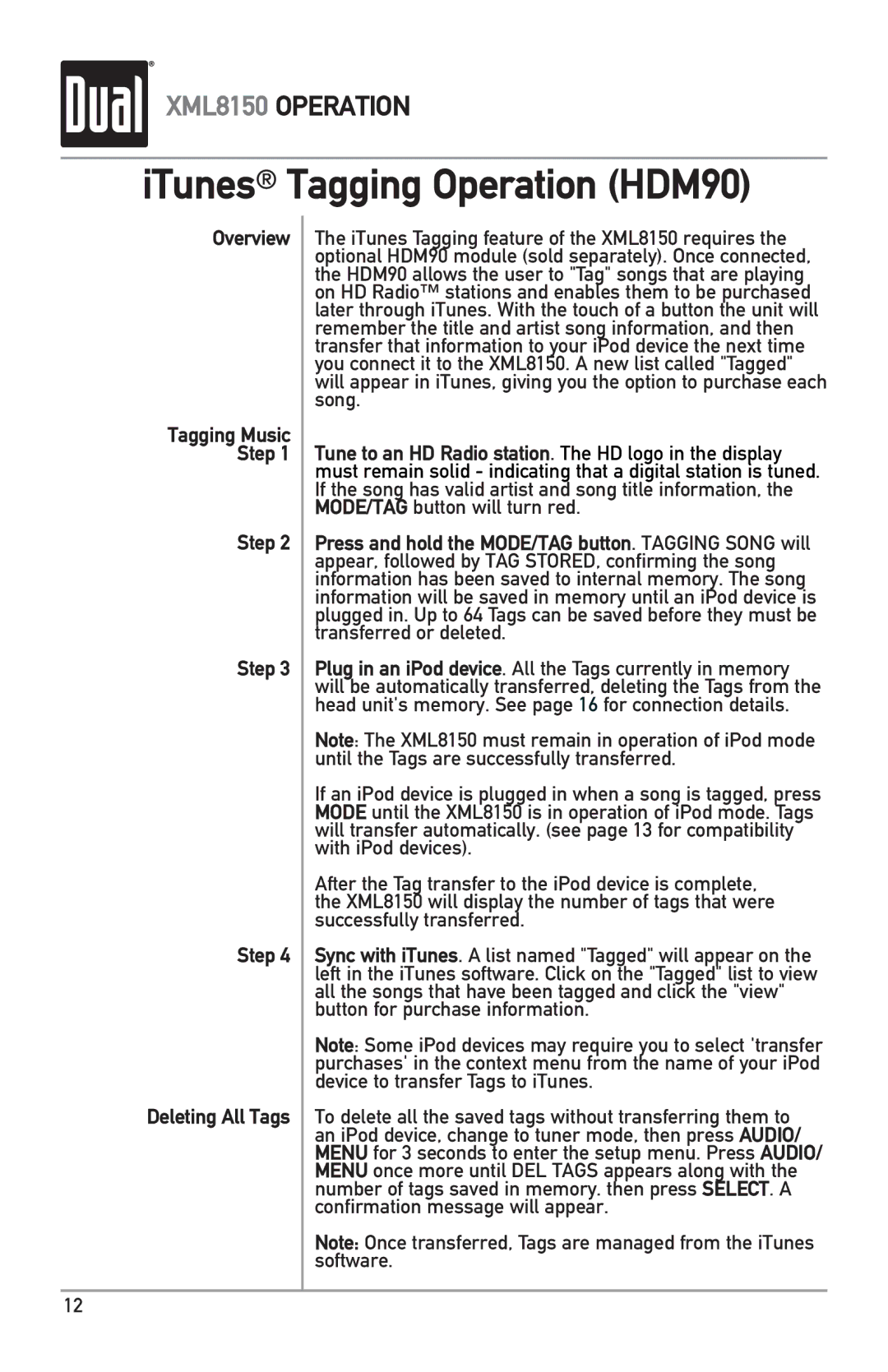 Dual XML8150 owner manual ITunes Tagging Operation HDM90, Overview, Step Deleting All Tags 