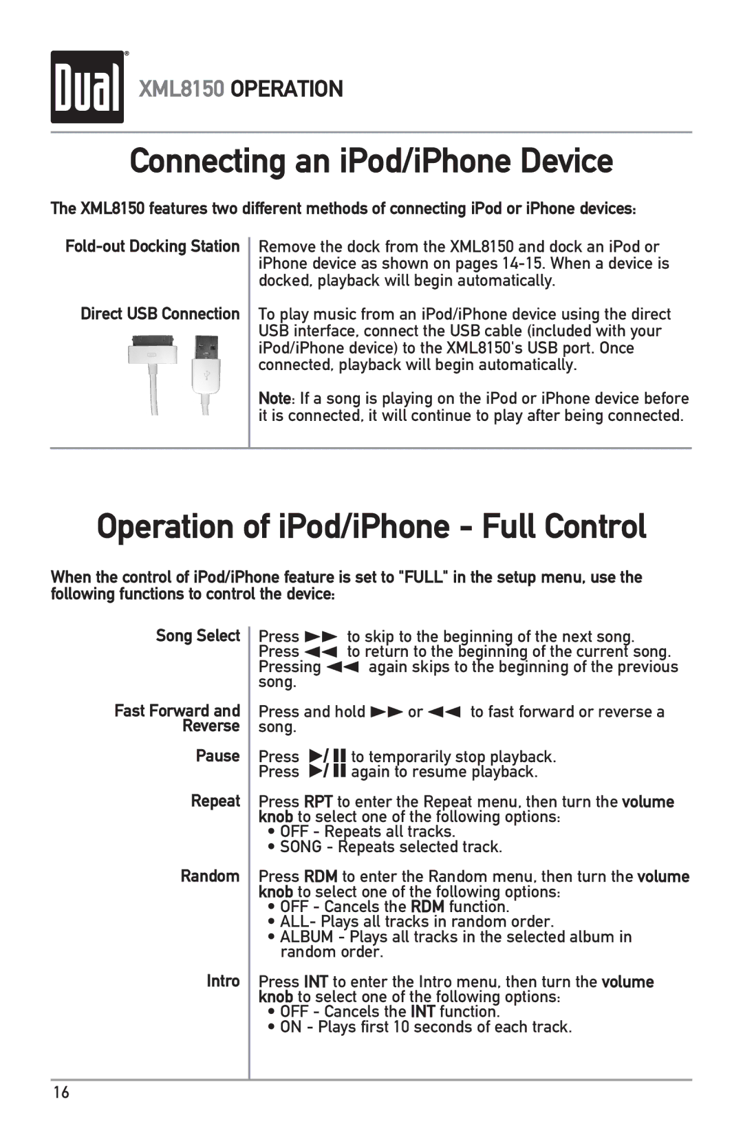 Dual XML8150 owner manual Press and hold llor nn to fast forward or reverse a song 