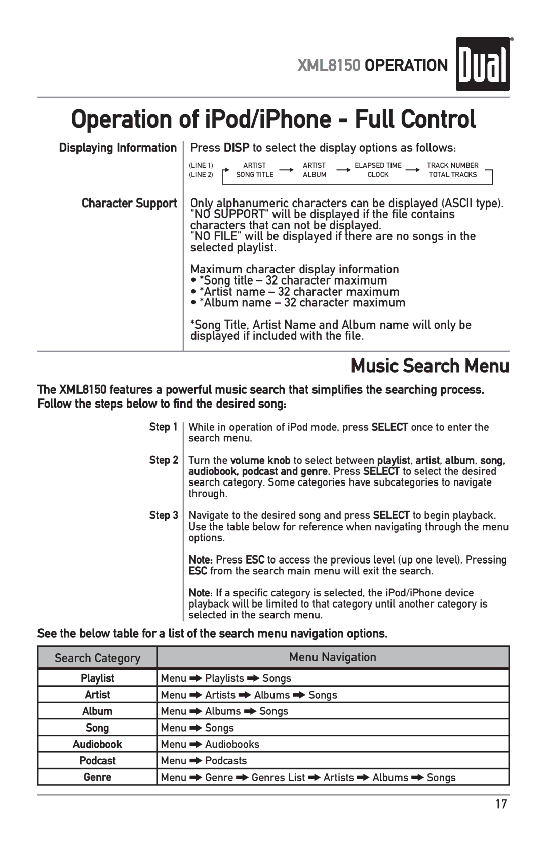 Dual XML8150 Operation of iPod/iPhone Full Control, Music Search Menu, Character Support, Search Category Menu Navigation 