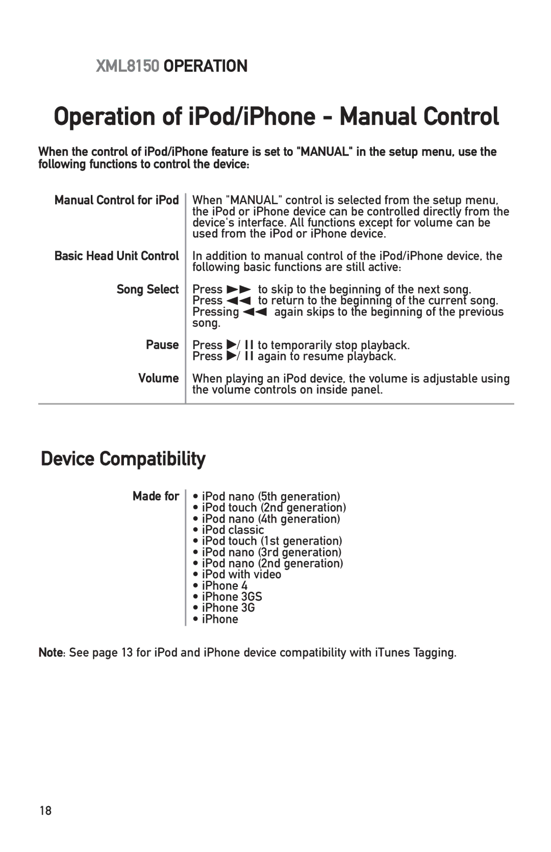 Dual XML8150 owner manual Device Compatibility, Song Select Pause Volume, Made for 