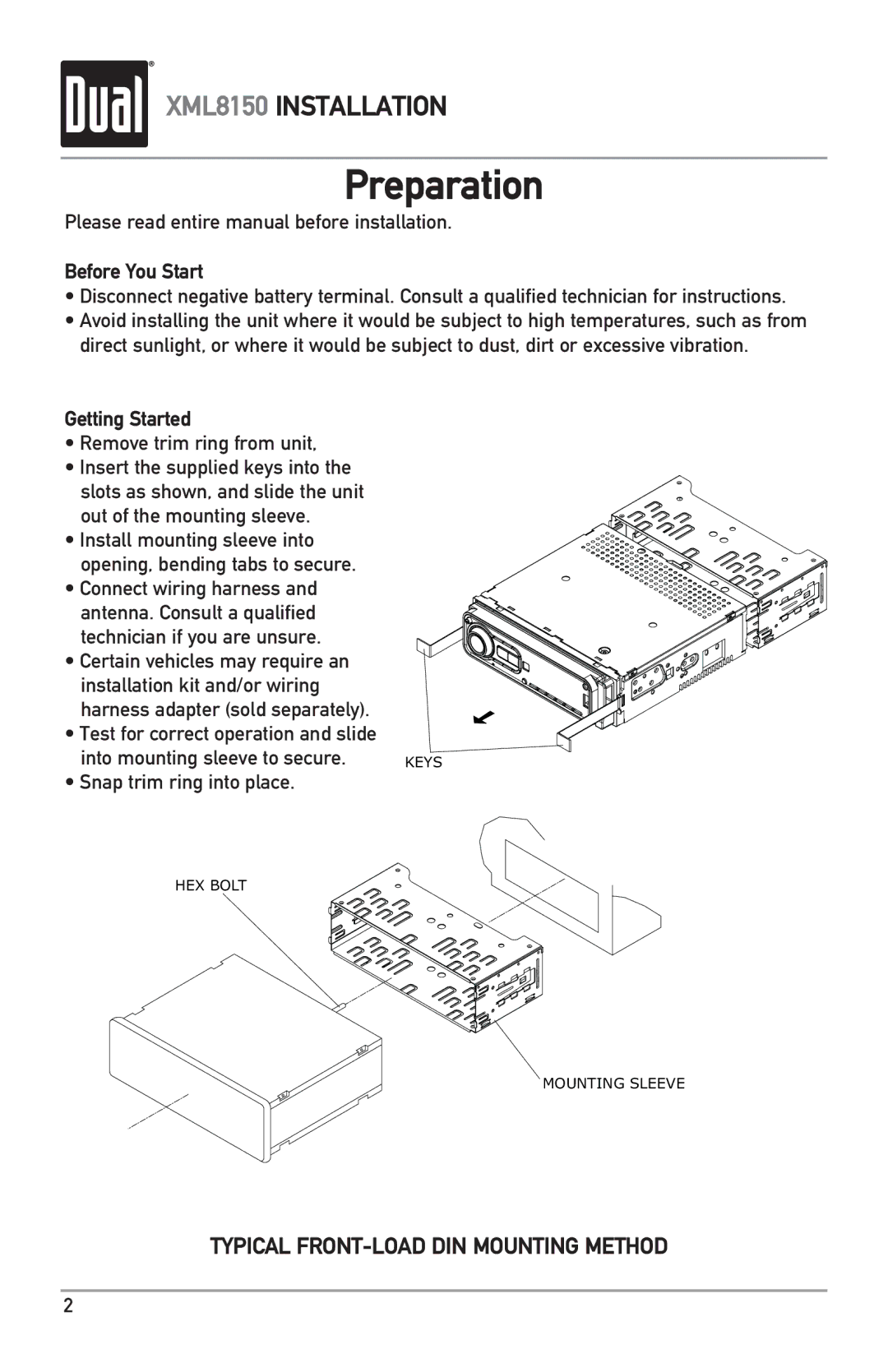 Dual XML8150 owner manual Preparation, Please read entire manual before installation, Before You Start, Getting Started 