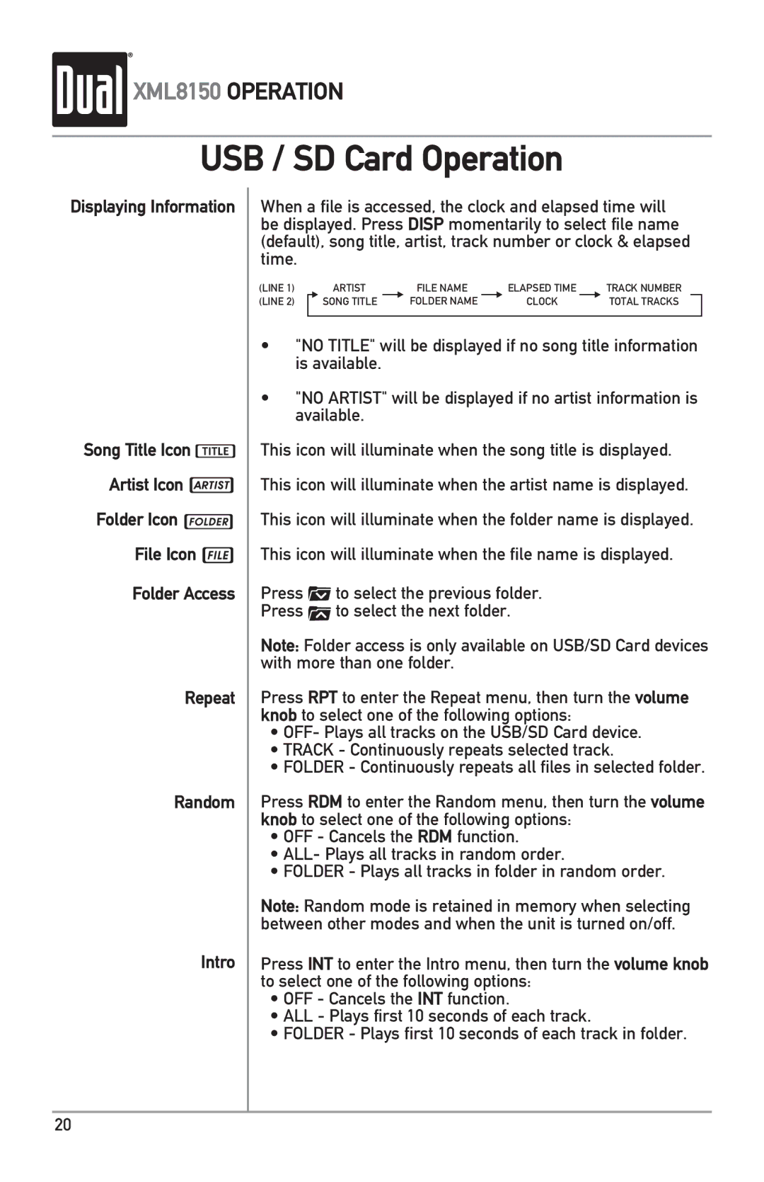 Dual XML8150 owner manual USB / SD Card Operation 