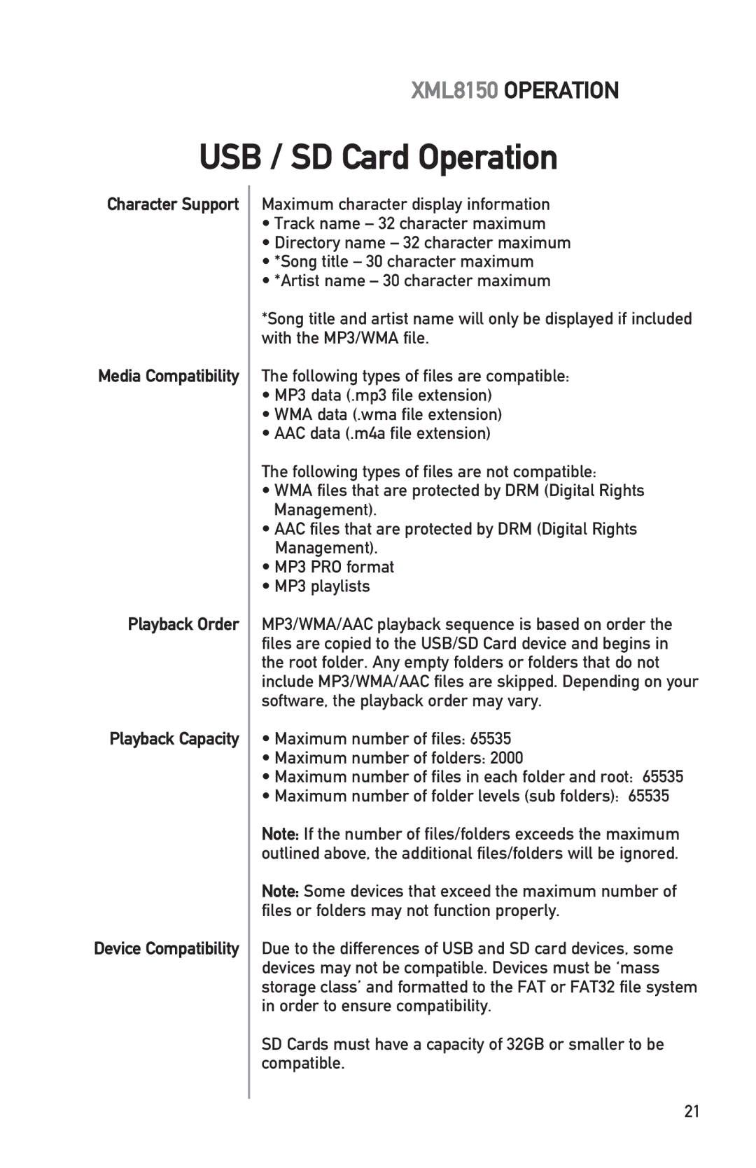 Dual XML8150 owner manual USB / SD Card Operation 