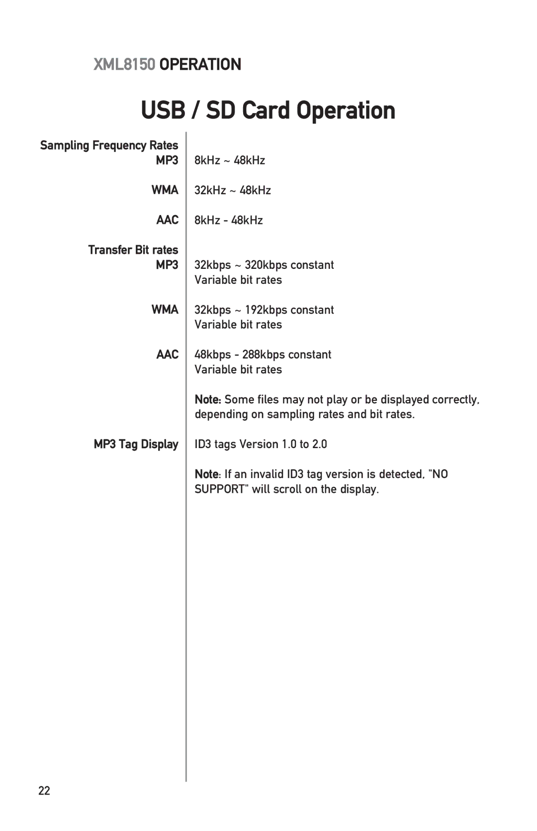 Dual XML8150 owner manual Transfer Bit rates, MP3 Tag Display, ID3 tags Version 1.0 to 