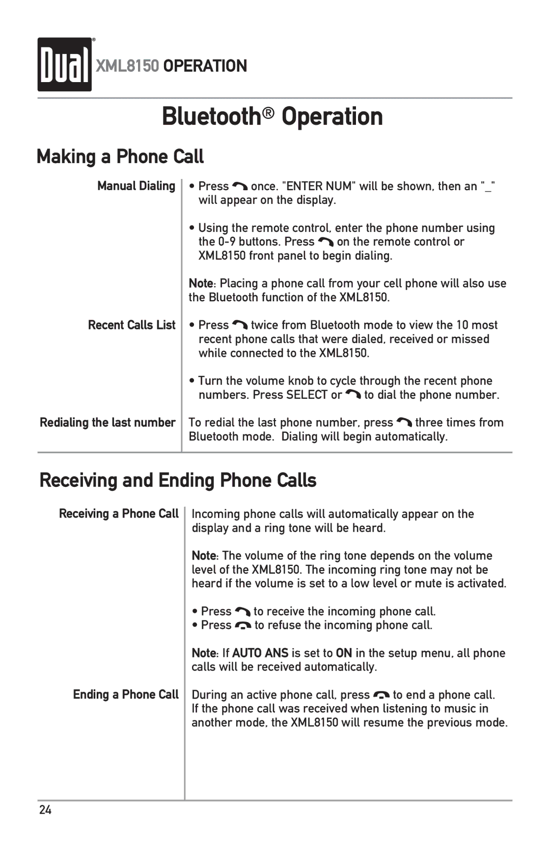 Dual XML8150 Making a Phone Call, Receiving and Ending Phone Calls, Manual Dialing Recent Calls List, Ending a Phone Call 