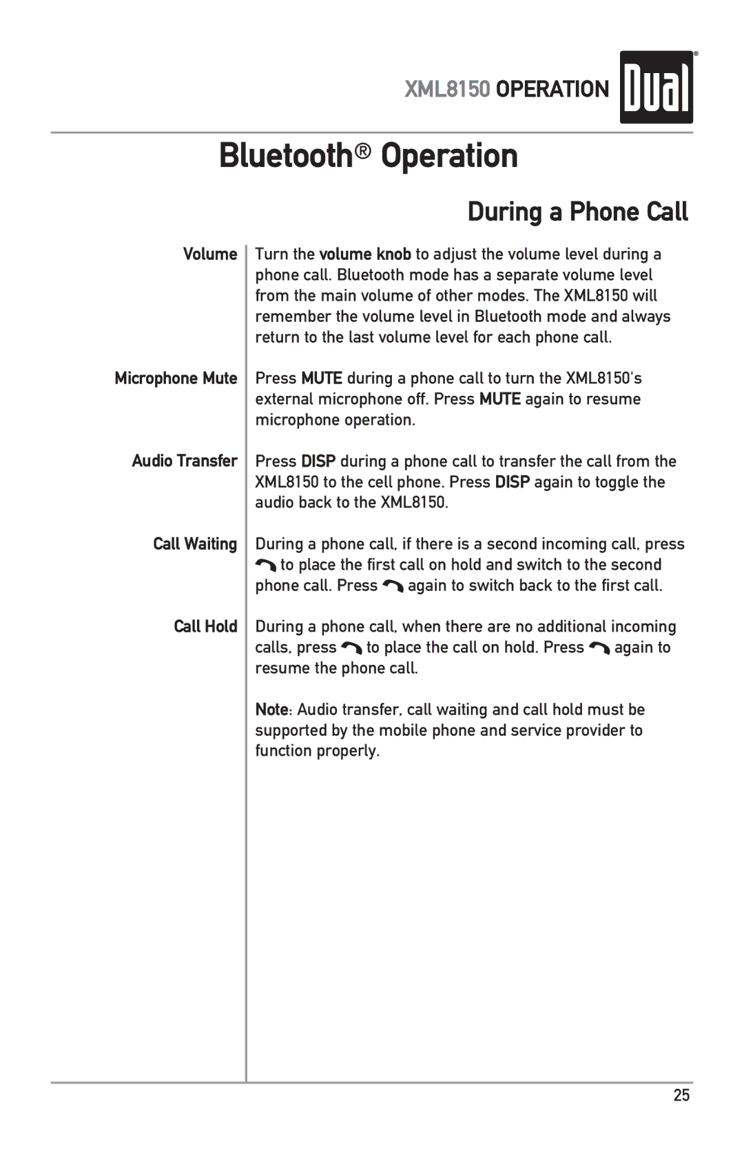 Dual XML8150 owner manual During a Phone Call, Volume Microphone Mute Audio Transfer Call Waiting Call Hold 