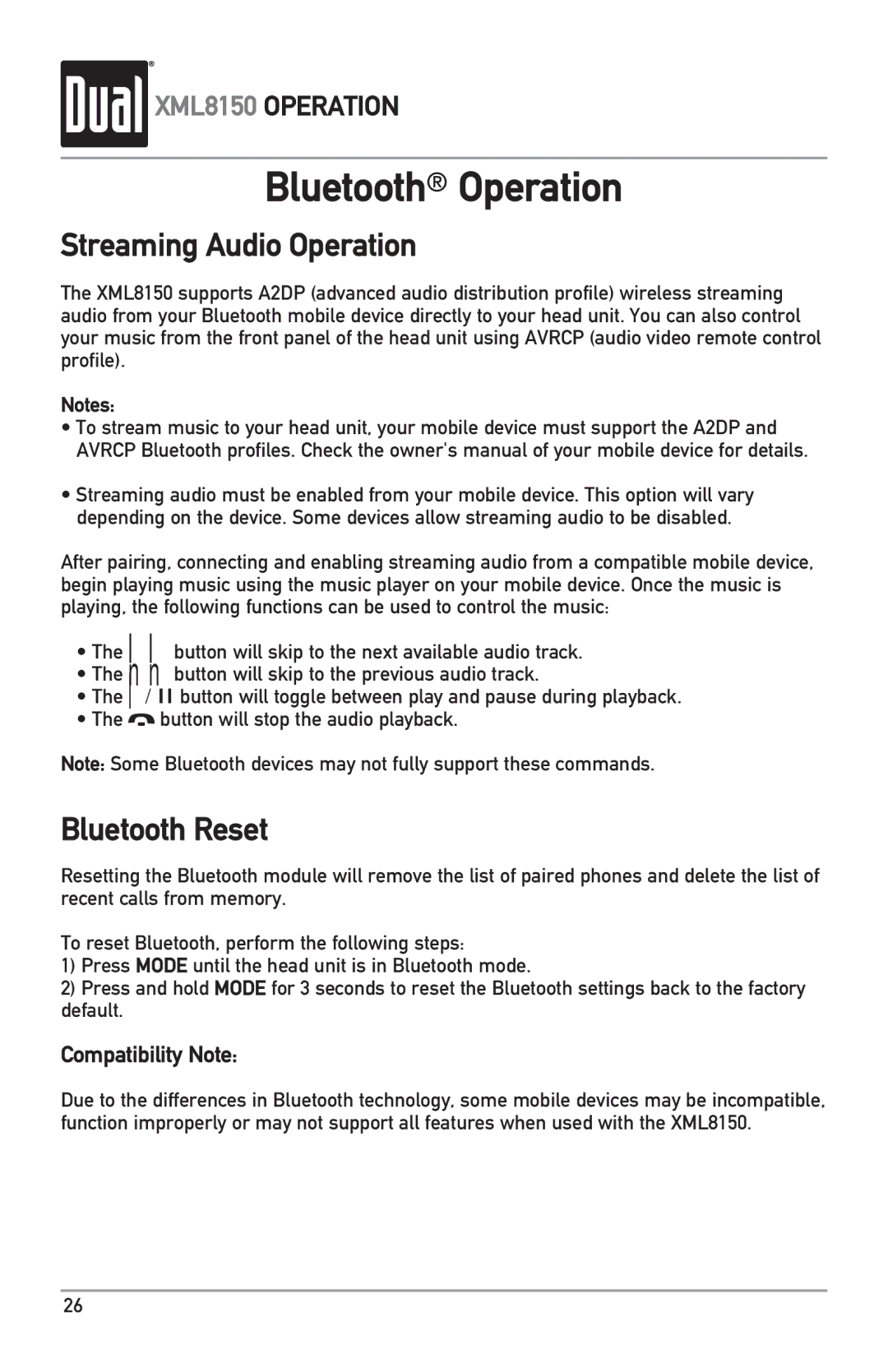 Dual XML8150 owner manual Streaming Audio Operation, Bluetooth Reset 