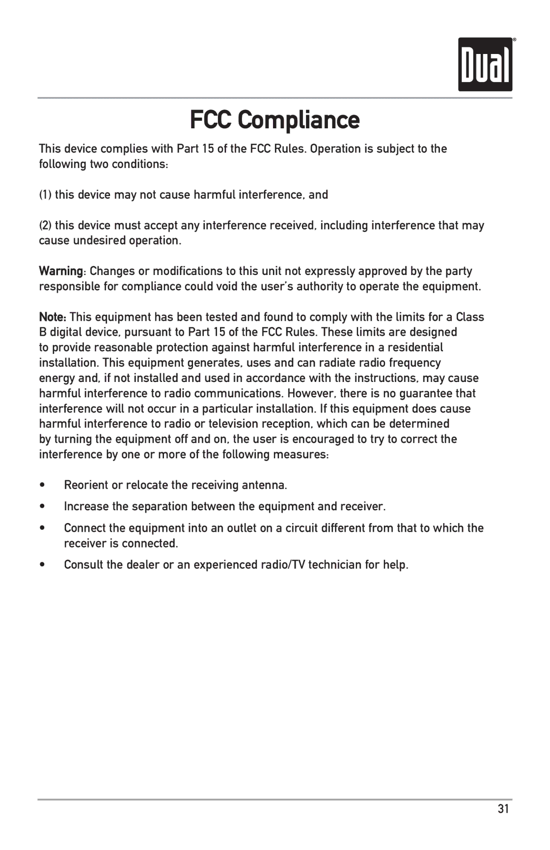 Dual XML8150 owner manual FCC Compliance 