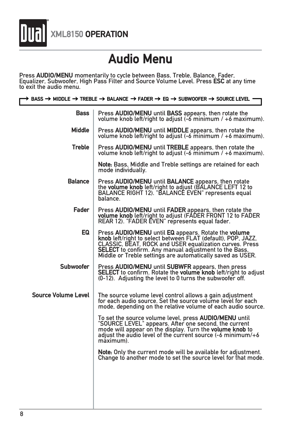 Dual XML8150 owner manual Audio Menu 