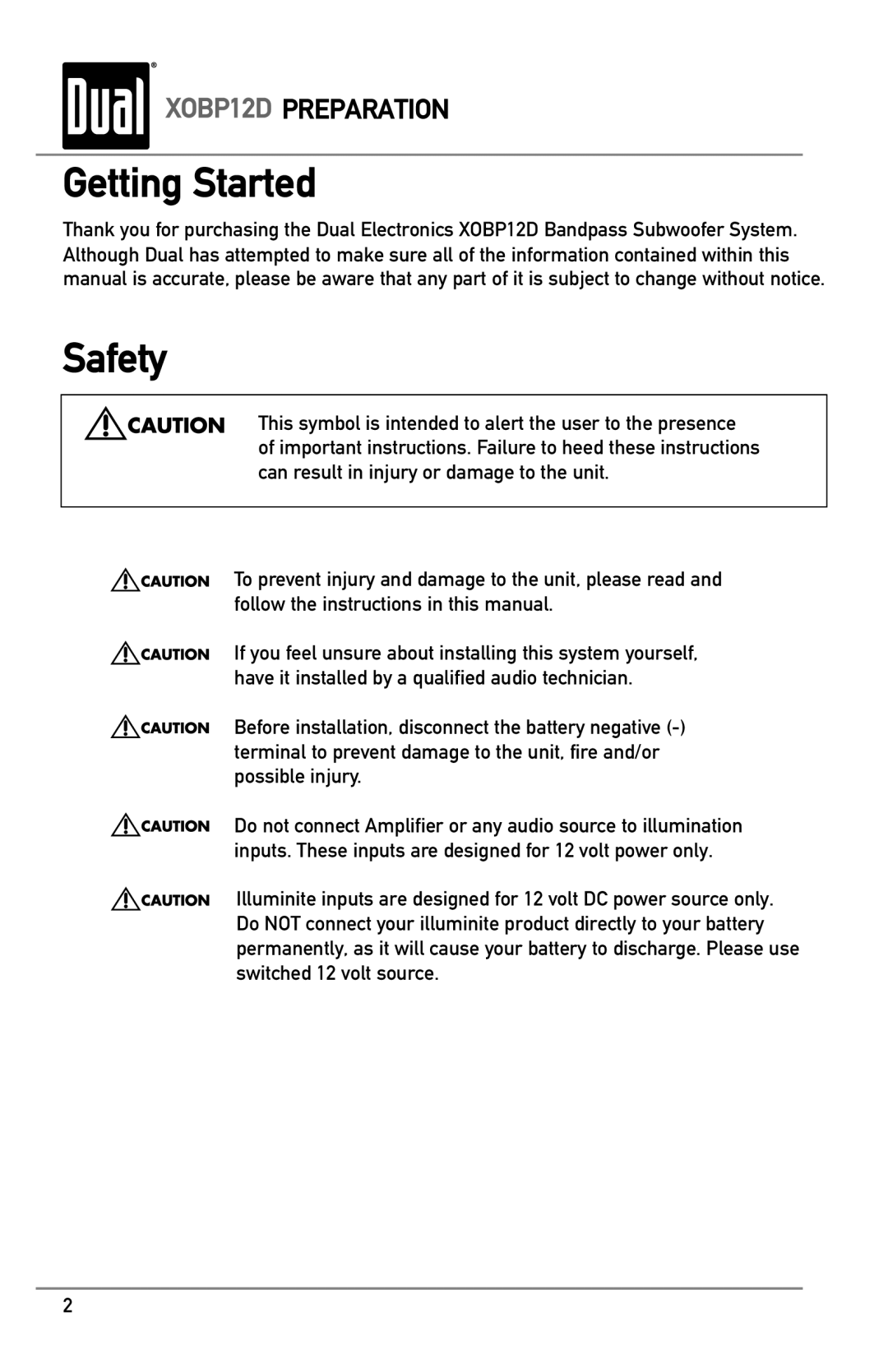 Dual XOBP12D owner manual Getting Started, Safety 