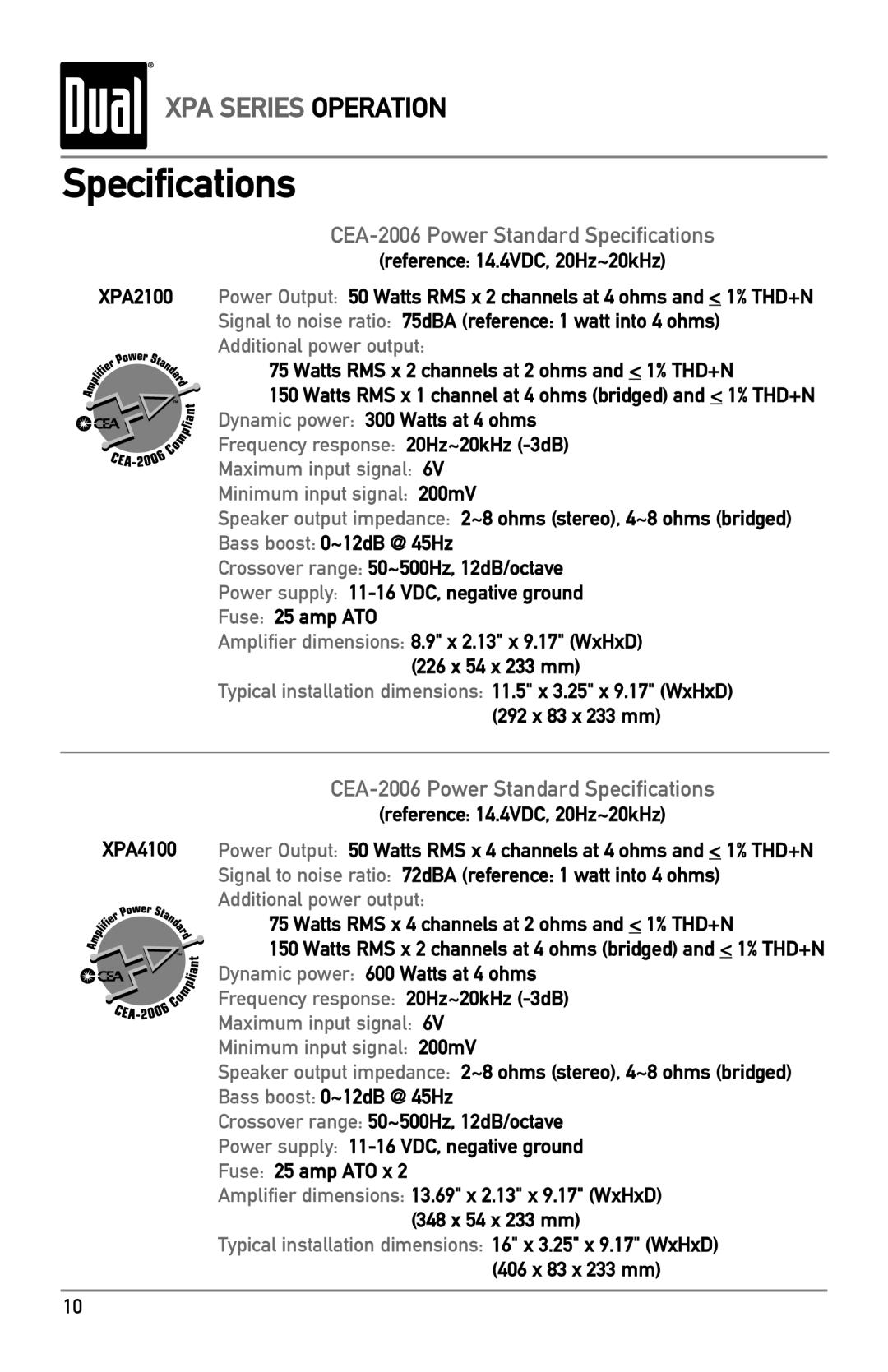 Dual XPA6100, XPA2100, XPA4100 owner manual CEA-2006 Power Standard Specifications 