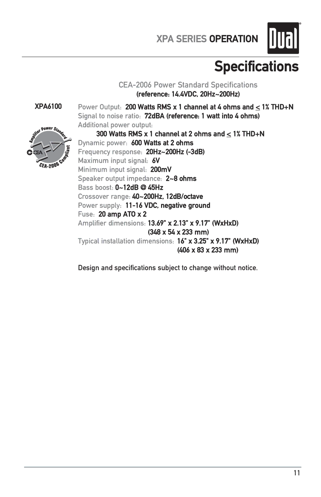 Dual XPA4100, XPA2100, XPA6100 owner manual Design and specifications subject to change without notice 