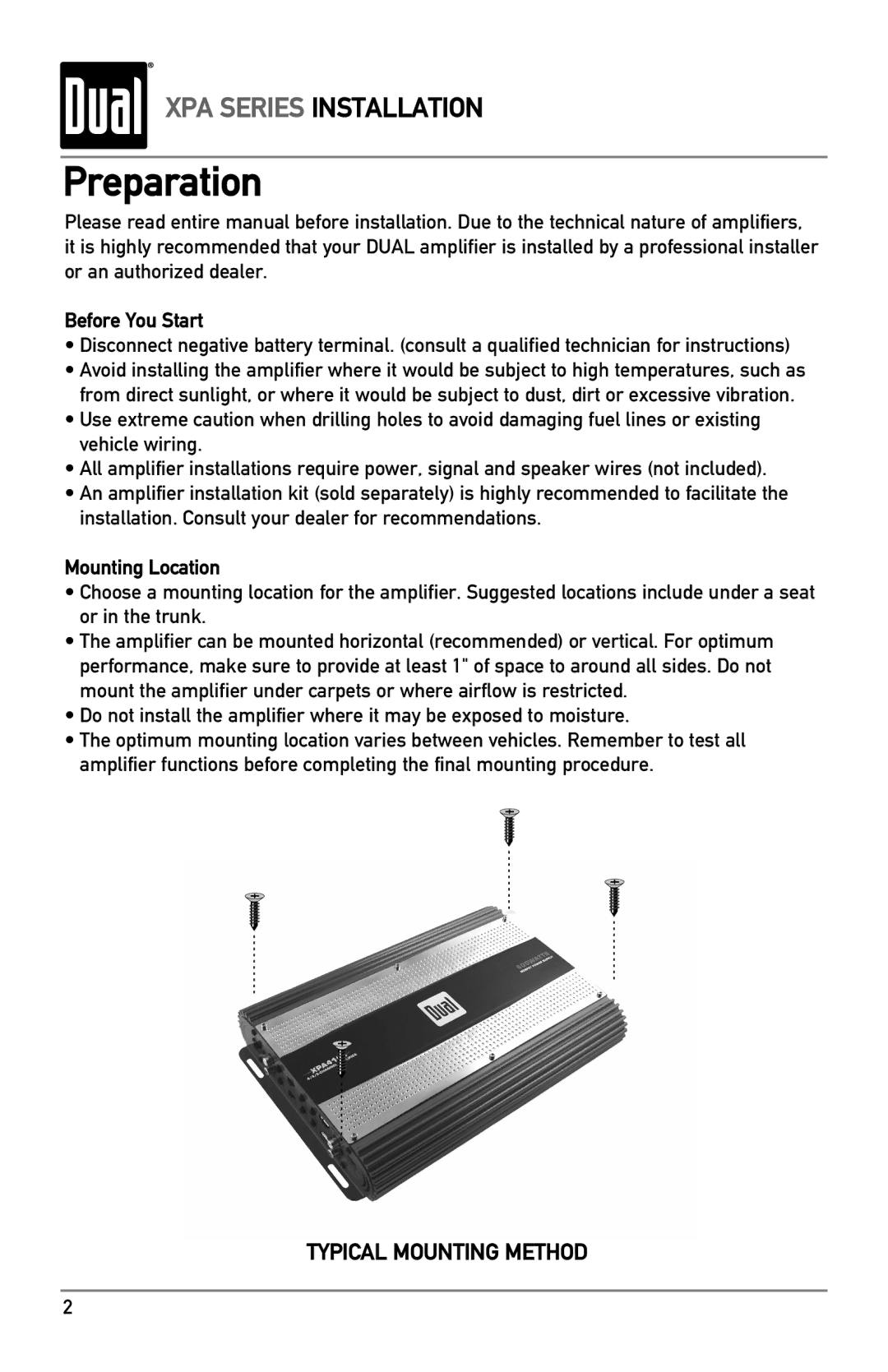 Dual XPA4100, XPA2100, XPA6100 owner manual Preparation, Before You Start, Mounting Location 