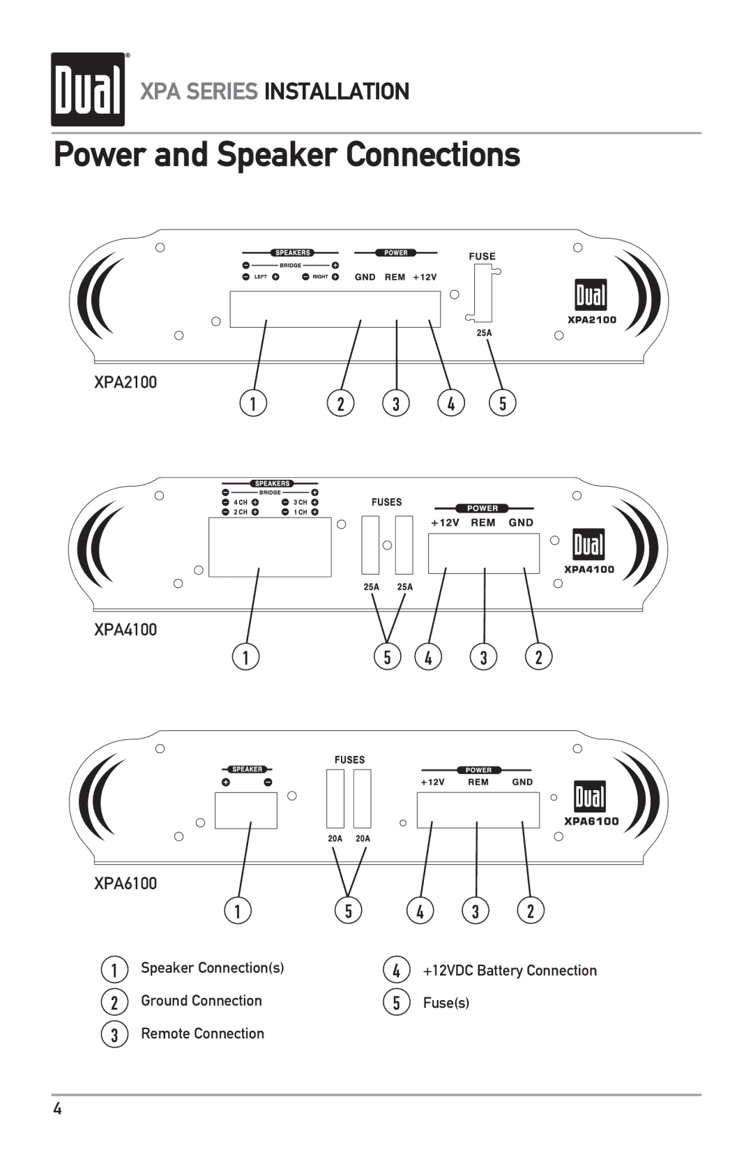 Dual XPA6100 owner manual Power and Speaker Connections, XPA2100 XPA4100 