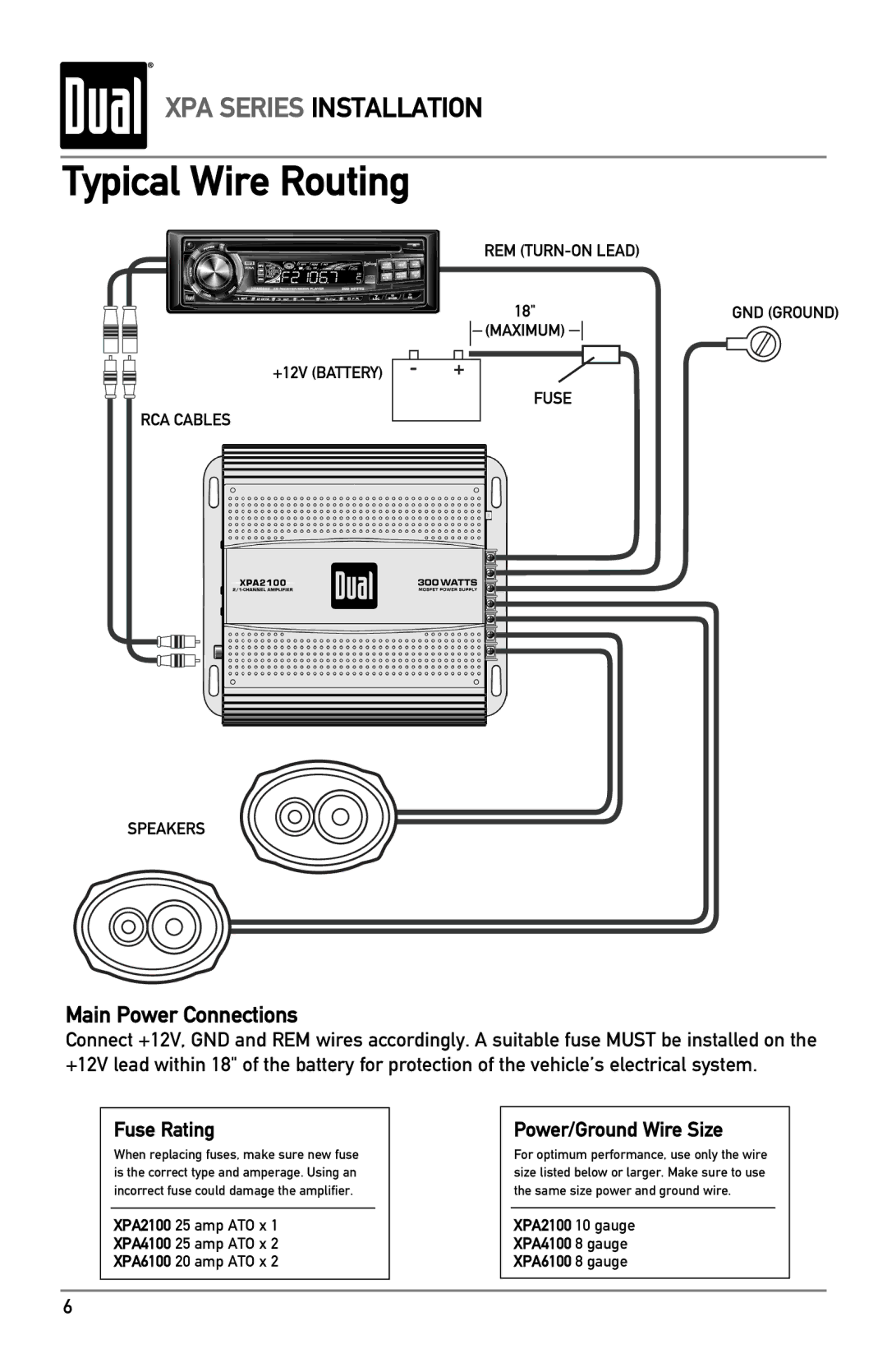 Dual XPA2100, XPA6100, XPA4100 owner manual Typical Wire Routing, Fuse Rating, Power/Ground Wire Size 