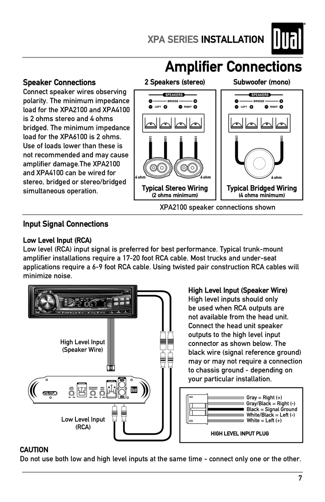 Dual XPA6100, XPA4100 owner manual Amplifier Connections, Speakers stereo, Subwoofer mono, XPA2100 speaker connections shown 