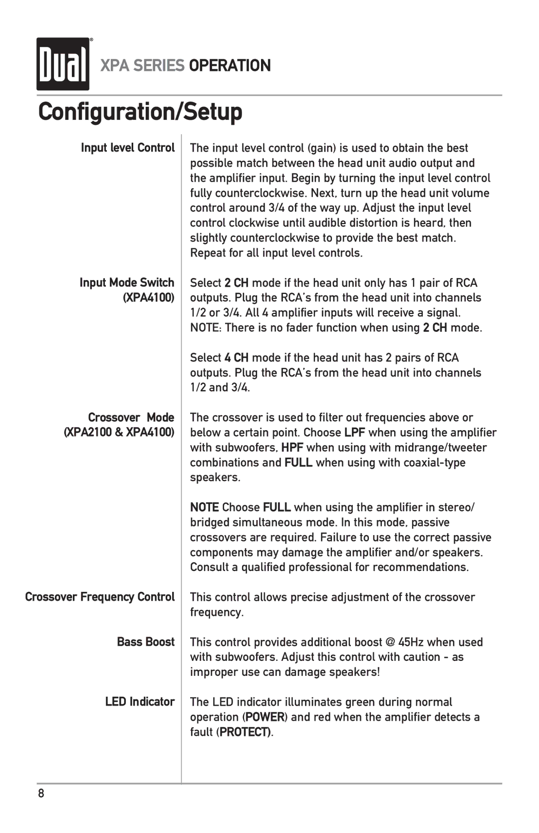 Dual XPA4100, XPA2100, XPA6100 owner manual Configuration/Setup, Input level Control, Bass Boost LED Indicator 