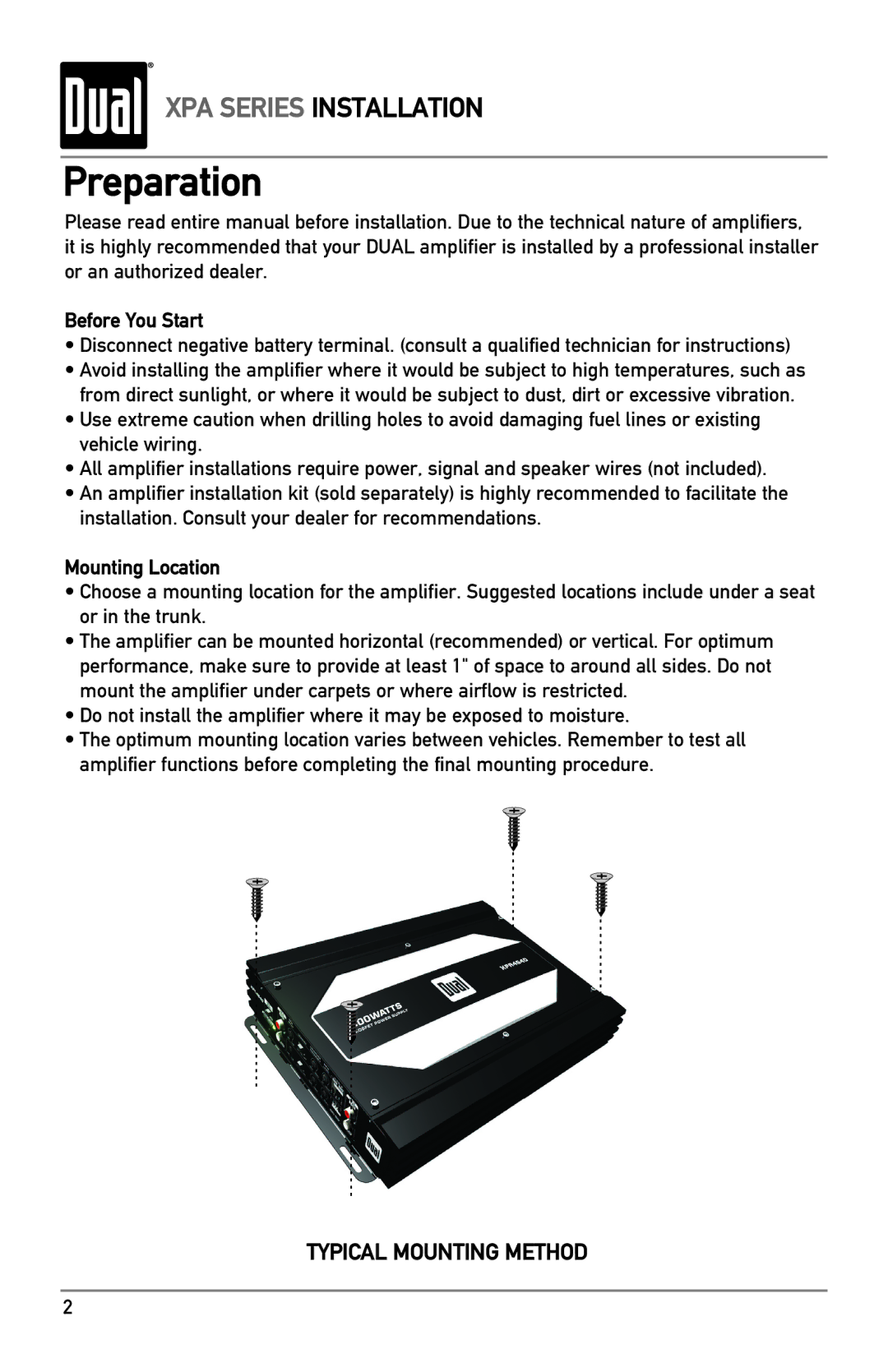 Dual XPA2500, XPA4640 owner manual Preparation, Before You Start, Mounting Location 