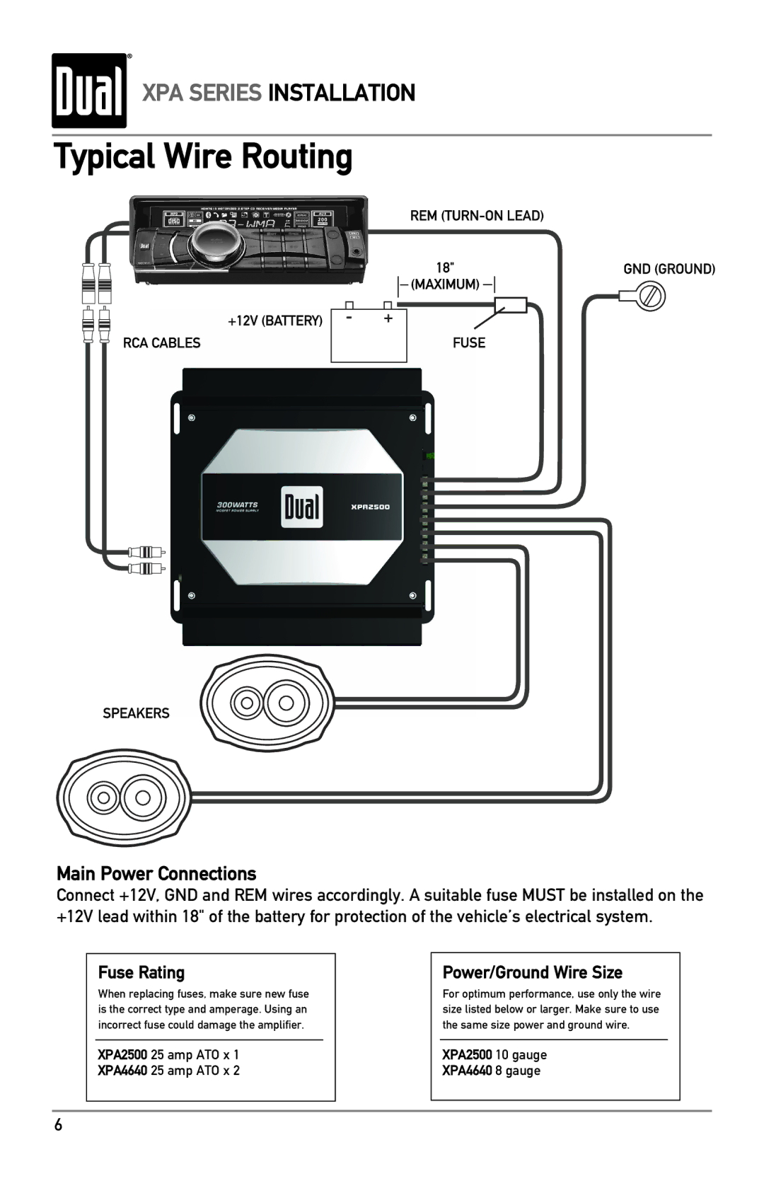 Dual XPA2500, XPA4640 owner manual Typical Wire Routing, Fuse Rating, Power/Ground Wire Size 