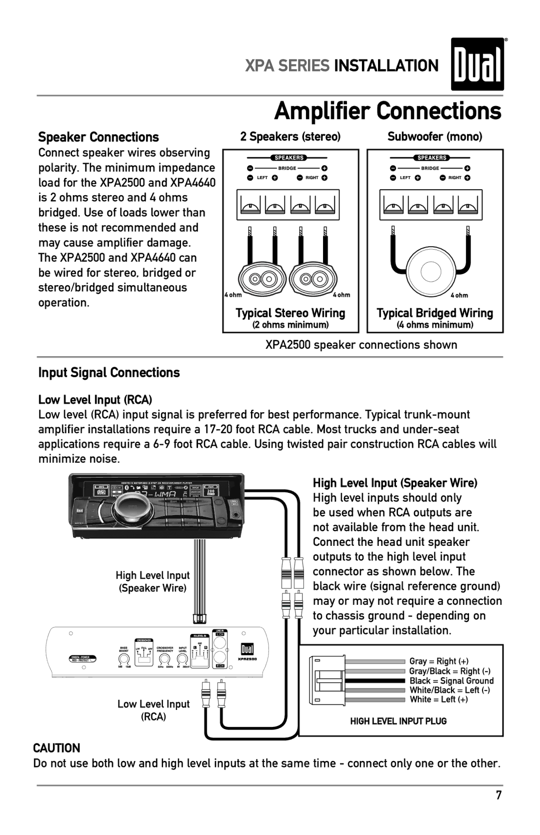 Dual XPA4640 owner manual Amplifier Connections, Speakers stereo, Subwoofer mono, XPA2500 speaker connections shown 