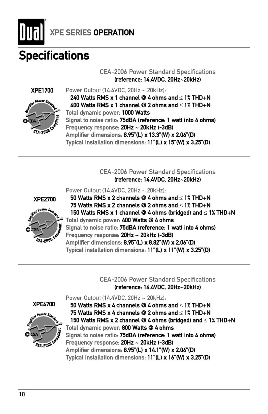 Dual XPE1700, XPE2700, XPE4700 owner manual Specifications 