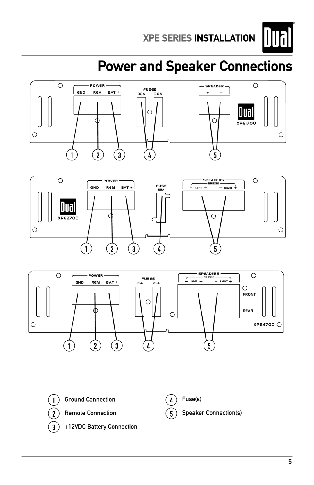 Dual XPE4700, XPE2700, XPE1700 owner manual Power and Speaker Connections 