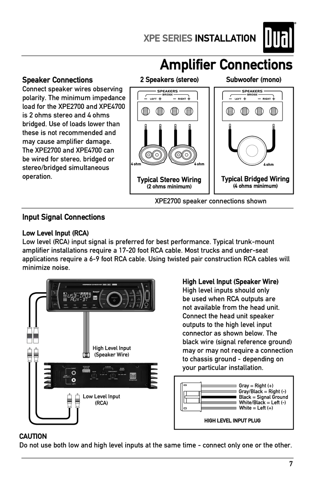 Dual XPE1700, XPE2700, XPE4700 owner manual Amplifier Connections, Speaker Connections, Input Signal Connections 