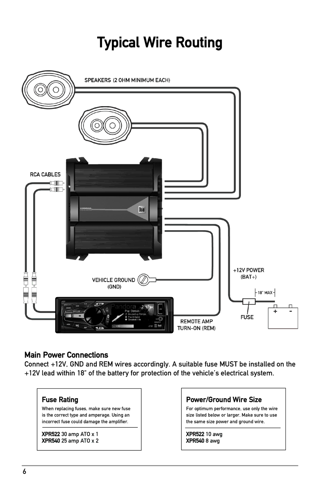 Dual XPR owner manual Typical Wire Routing, Main Power Connections, Fuse Rating, Power/Ground Wire Size 