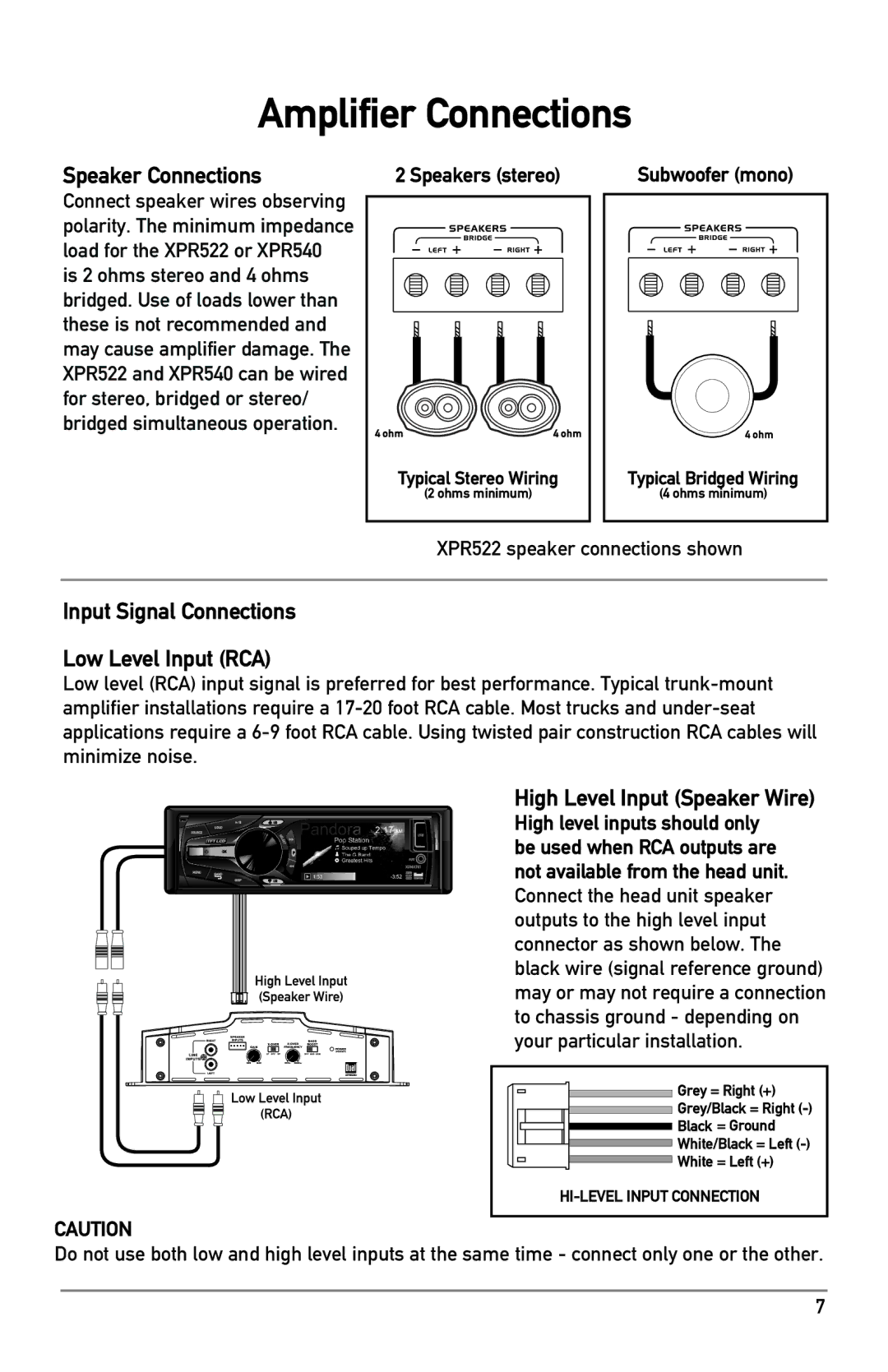 Dual XPR owner manual Amplifier Connections, Speaker Connections, Input Signal Connections Low Level Input RCA 