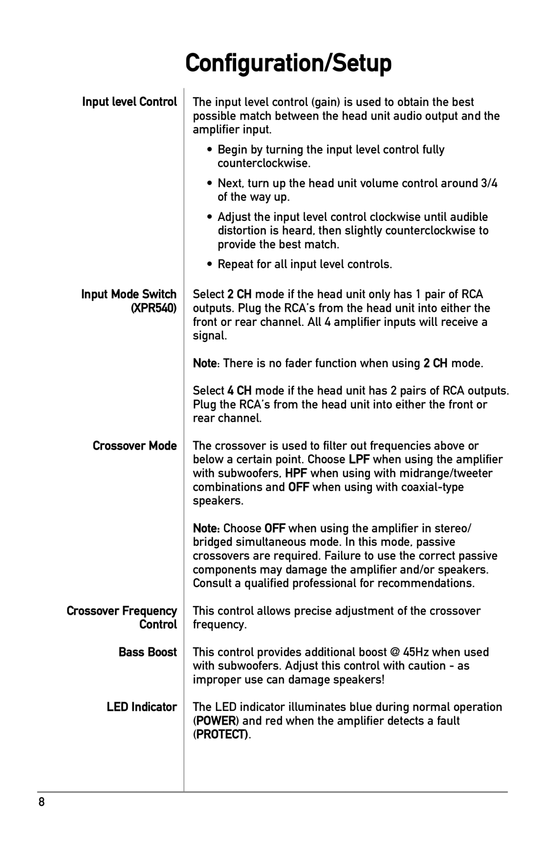 Dual XPR owner manual Configuration/Setup, Input level Control, Crossover Mode, Bass Boost LED Indicator 