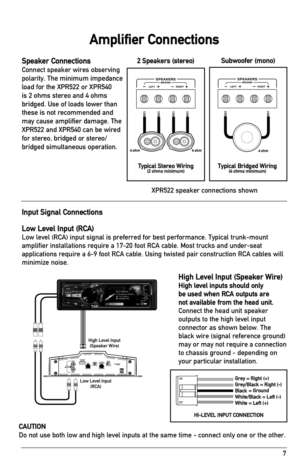 Dual XPR owner manual Amplifier Connections, Speaker Connections, Input Signal Connections Low Level Input RCA 