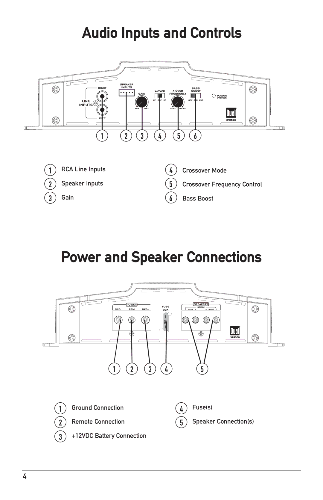 Dual XPR520 owner manual Audio Inputs and Controls, Power and Speaker Connections 