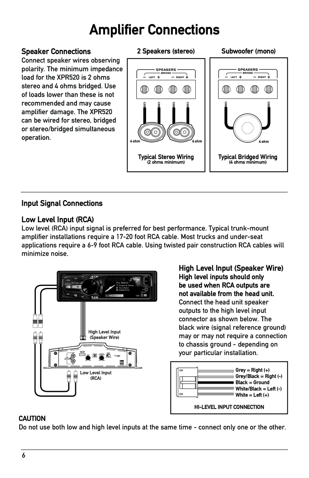 Dual XPR520 owner manual Amplifier Connections, Speaker Connections, Input Signal Connections Low Level Input RCA 