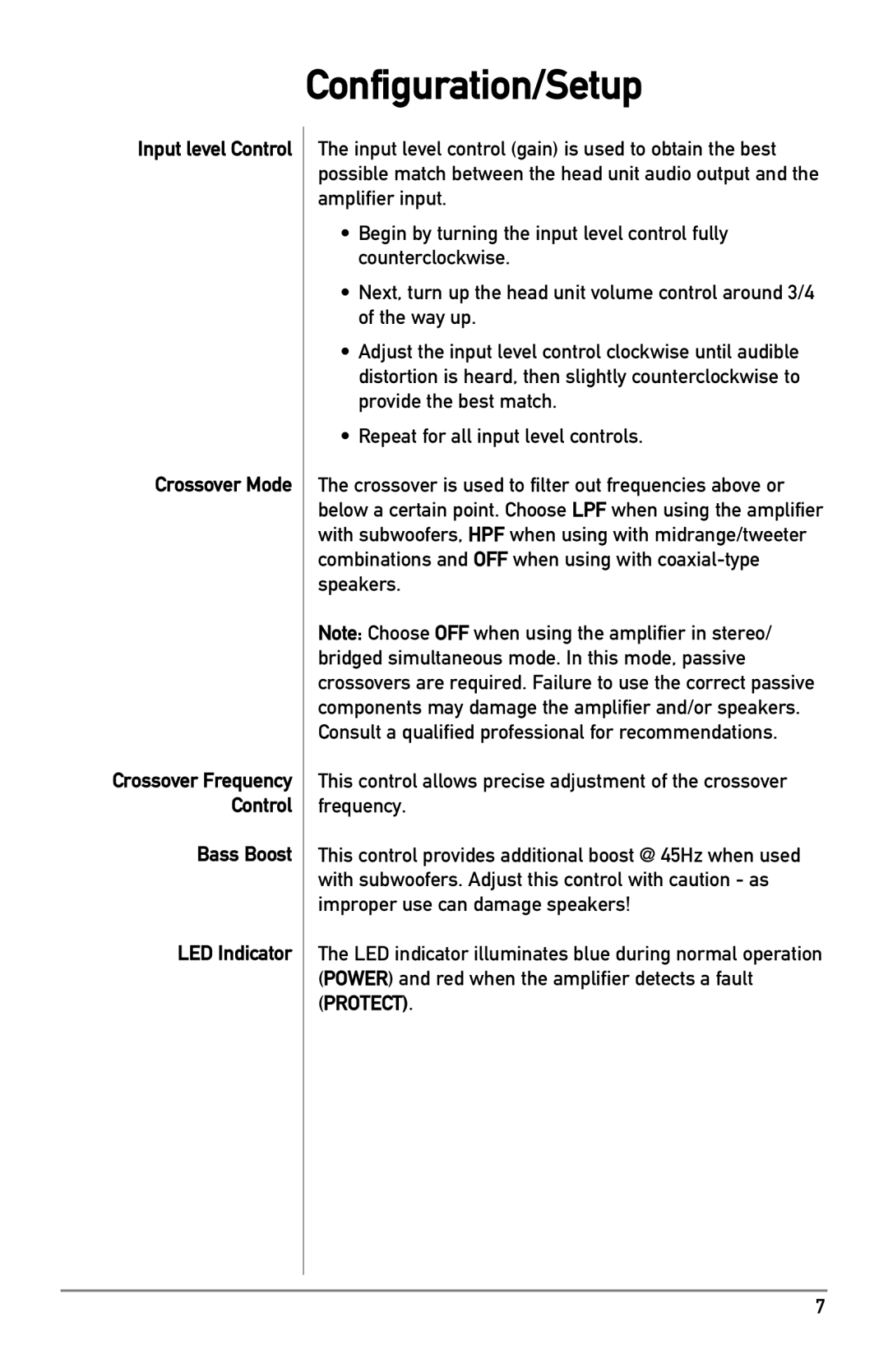 Dual XPR520 owner manual Configuration/Setup, Input level Control Crossover Mode, Bass Boost LED Indicator 