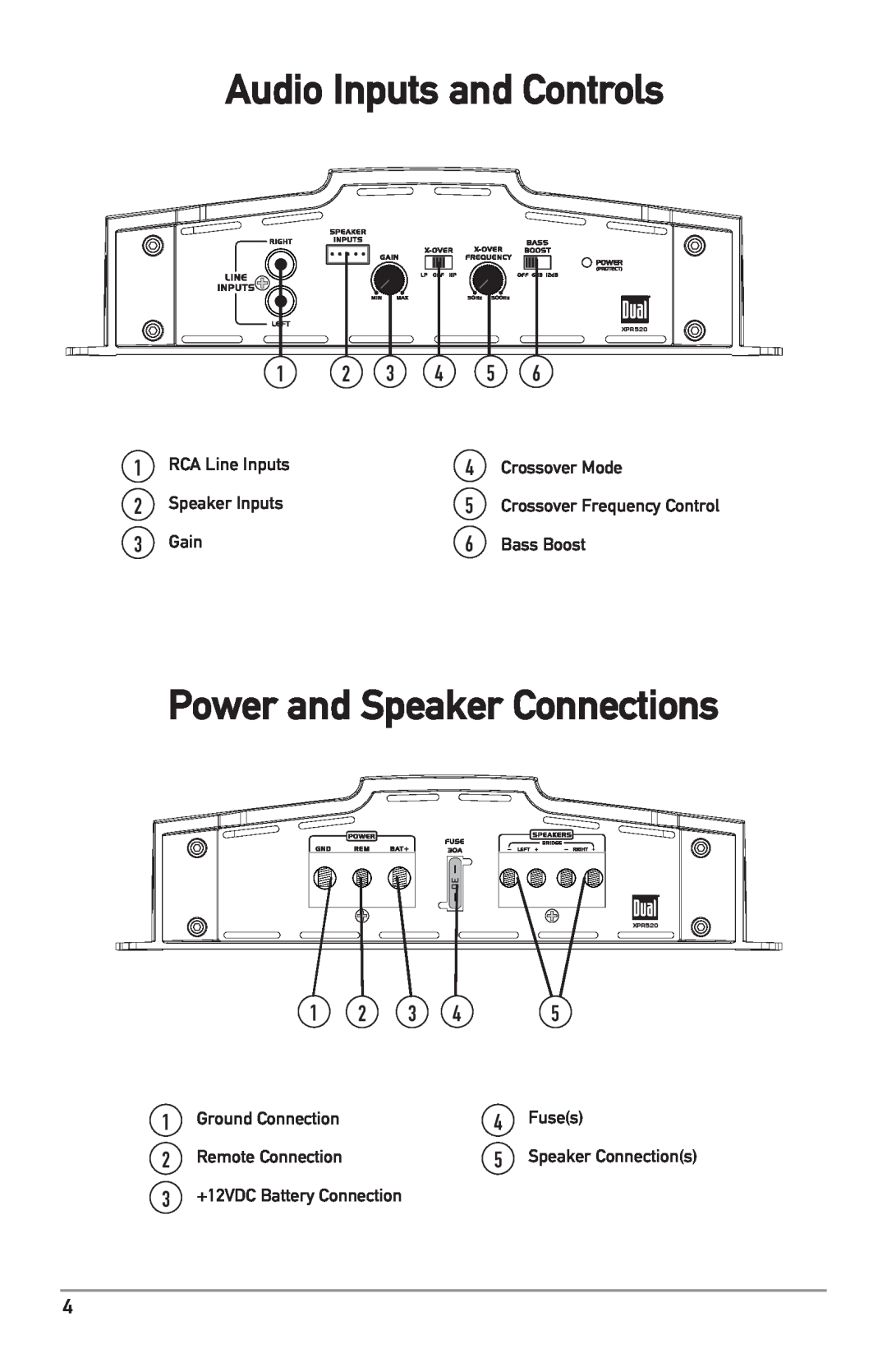 Dual XPR520 Audio Inputs and Controls, Power and Speaker Connections, RCA Line Inputs, Crossover Mode, Speaker Inputs 