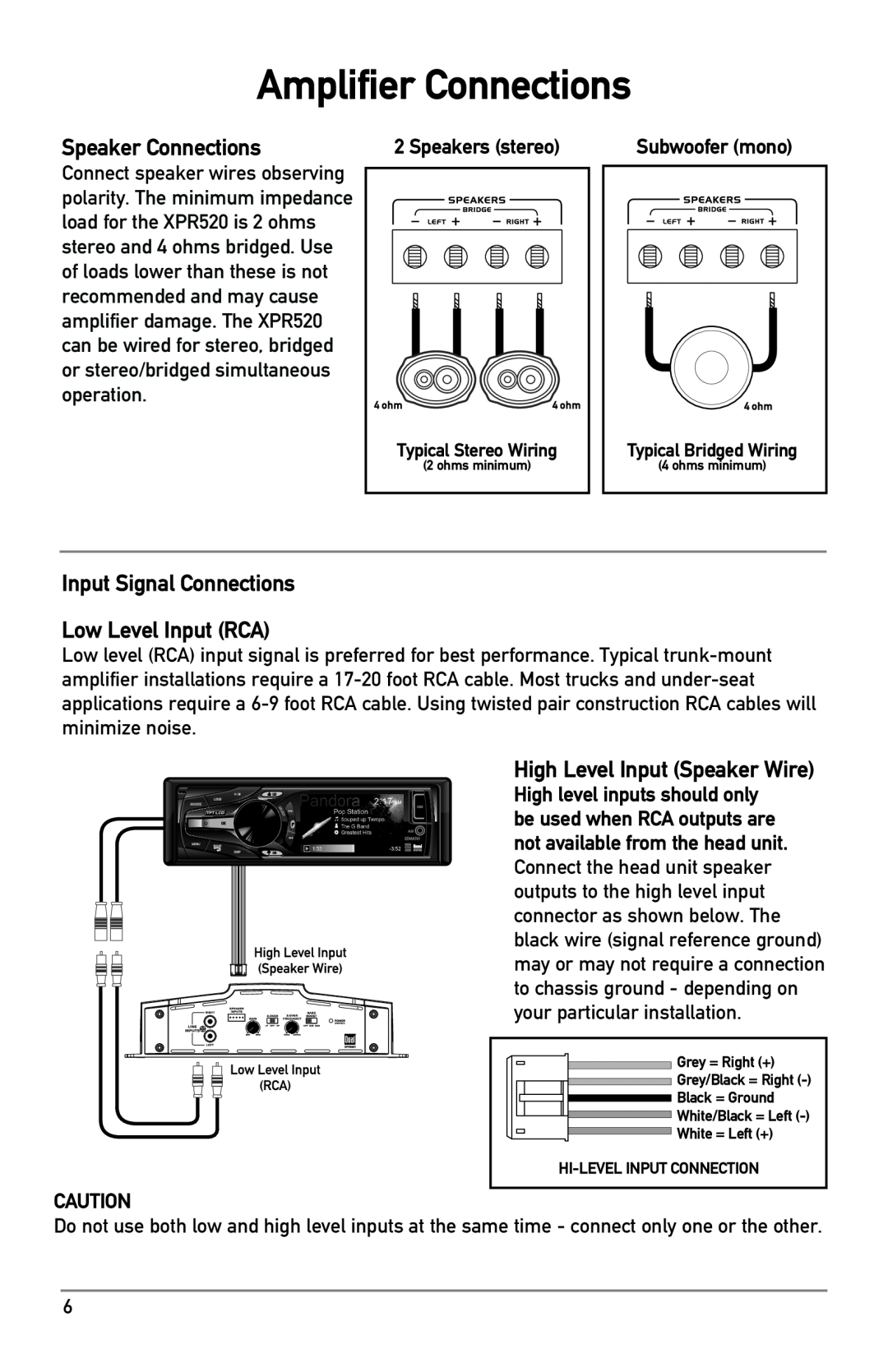 Dual XPR520 Amplifier Connections, Speaker Connections, Input Signal Connections Low Level Input RCA, Speakers stereo 