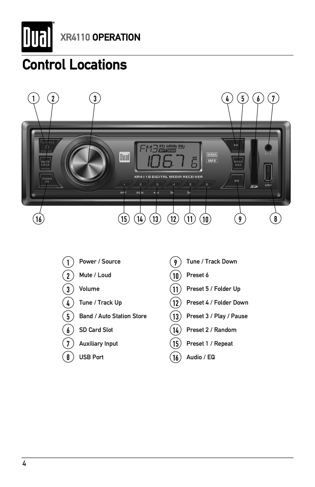 Dual XR4110 owner manual Control Locations 