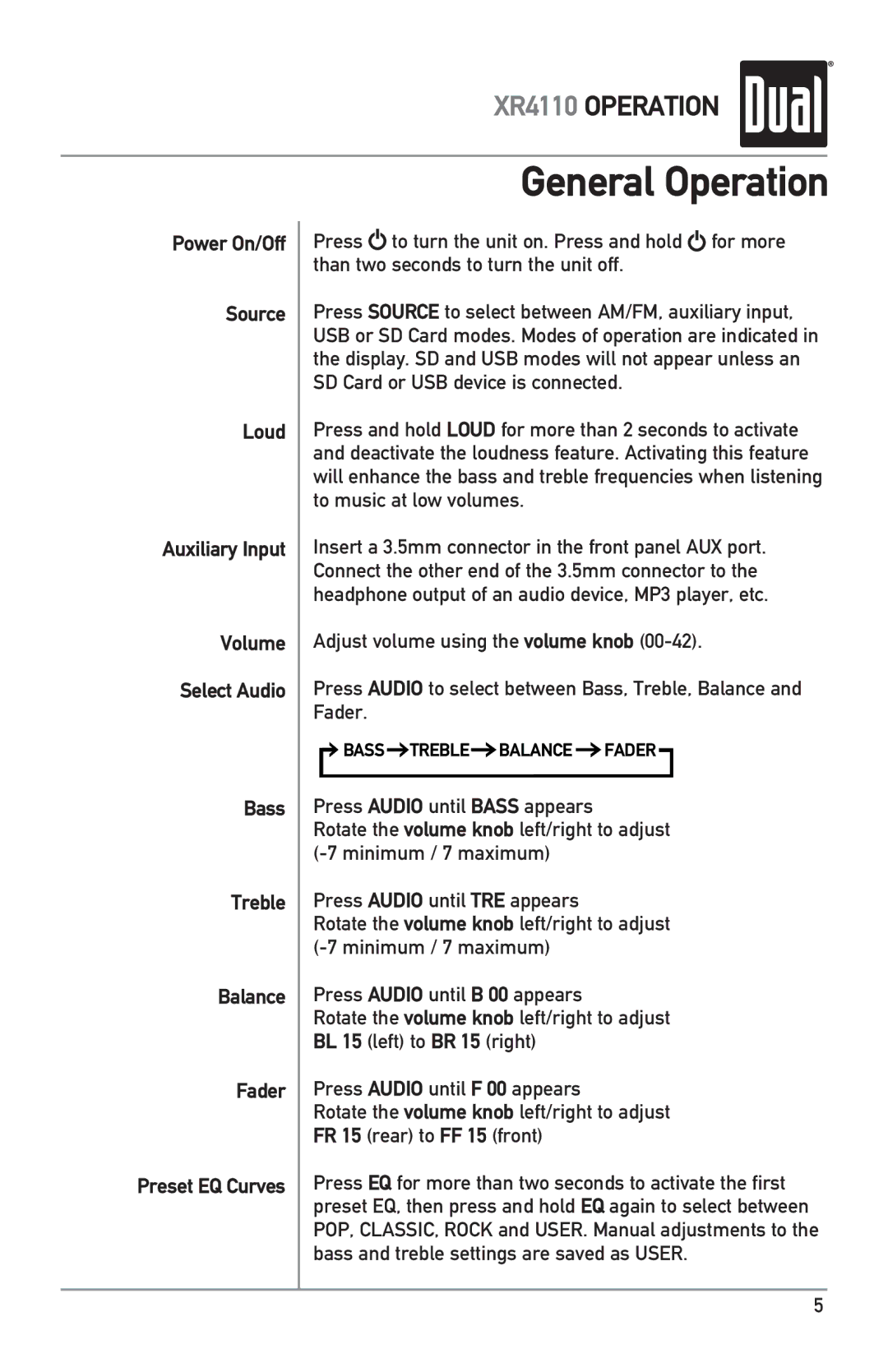 Dual XR4110 owner manual General Operation 