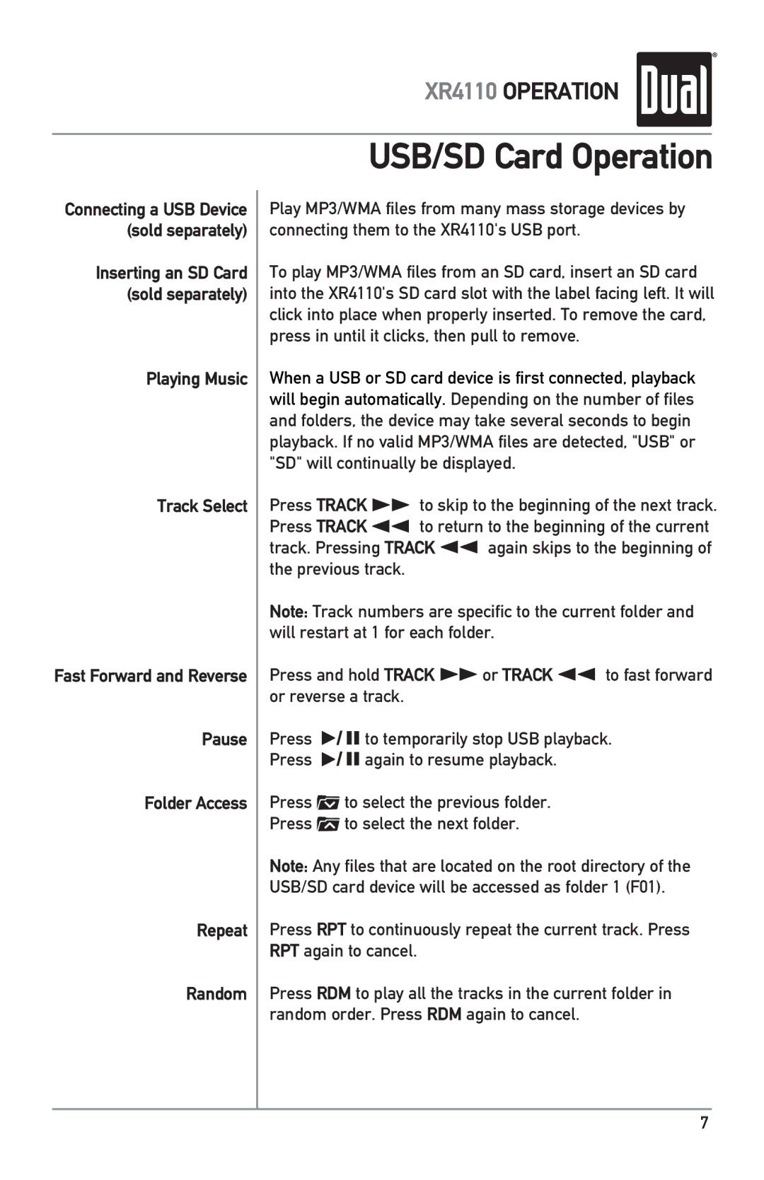 Dual XR4110 owner manual USB/SD Card Operation 