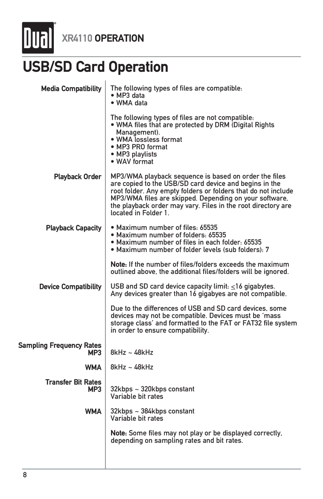 Dual XR4110 owner manual Transfer Bit Rates, MP3 WMA 