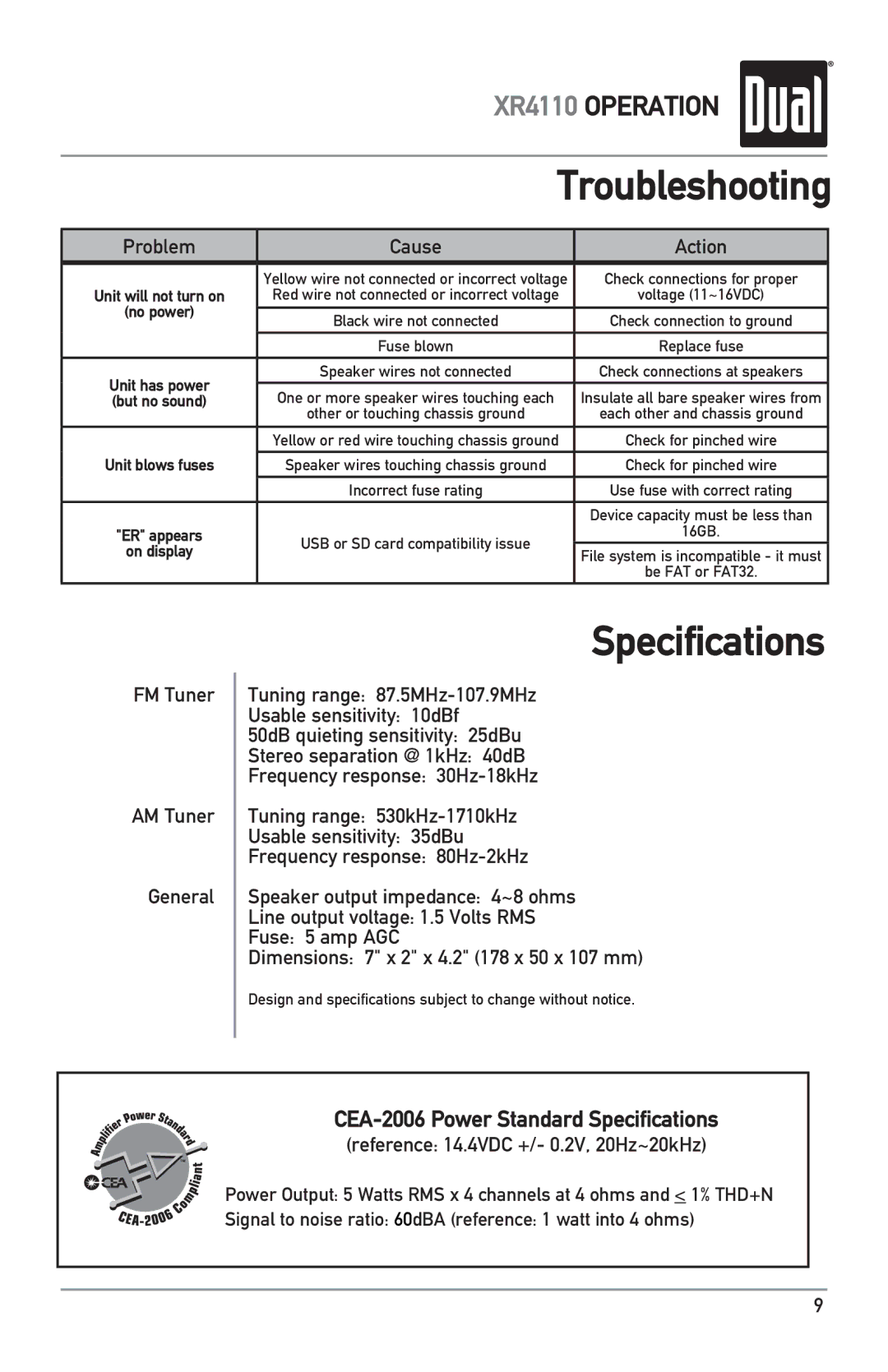 Dual XR4110 owner manual Troubleshooting, Specifications, Problem Cause Action, FM Tuner AM Tuner General 