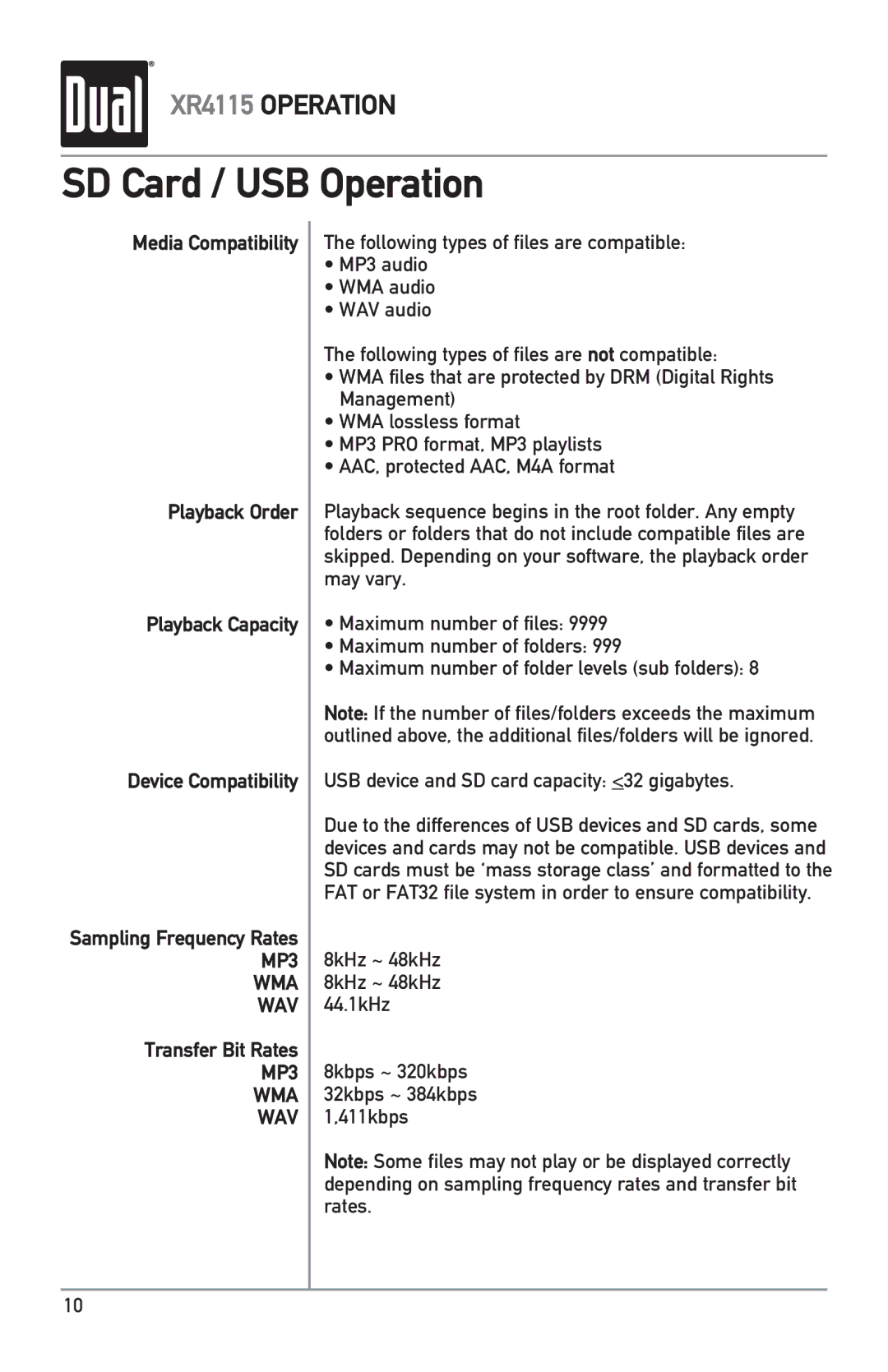 Dual XR4115 owner manual Transfer Bit Rates, 8kHz ~ 48kHz 8kHz ~ 48kHz 44.1kHz 